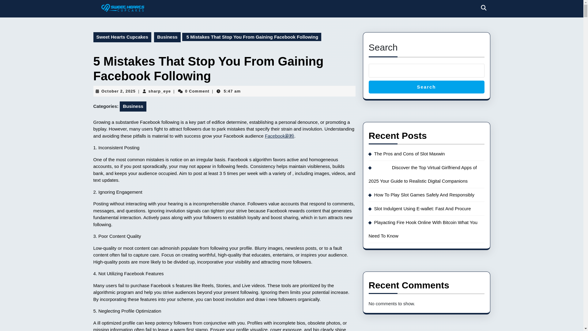 website screenshot of https://sweetheartscupcakes.com/5-mistakes-that-stop-you-from-gaining-facebook-following/