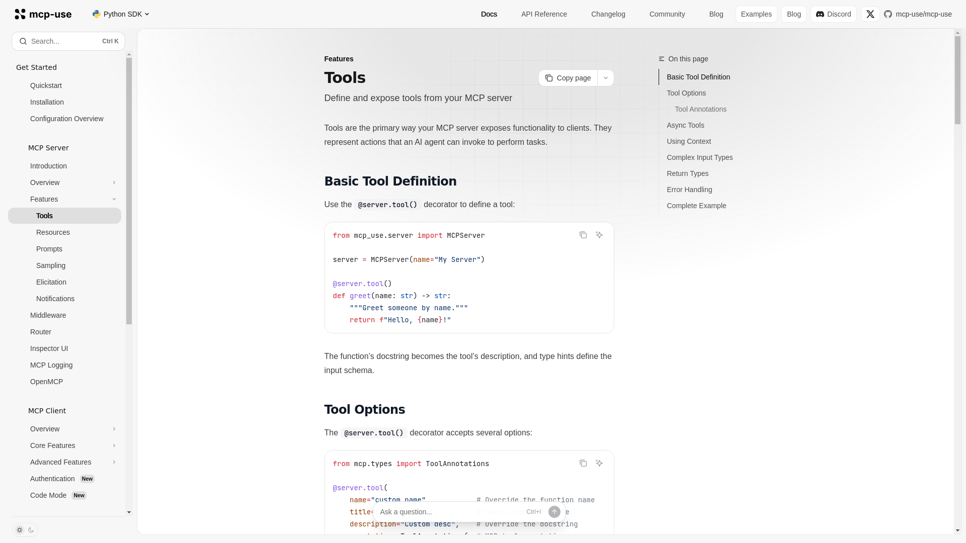 website screenshot of https://mcp-use.com/docs/python/server/tools