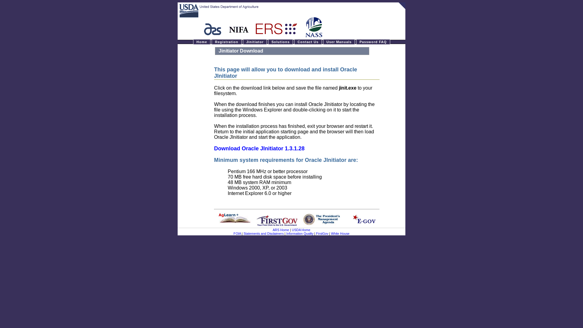website screenshot of https://arisapp.ars.usda.gov/jinit2.html