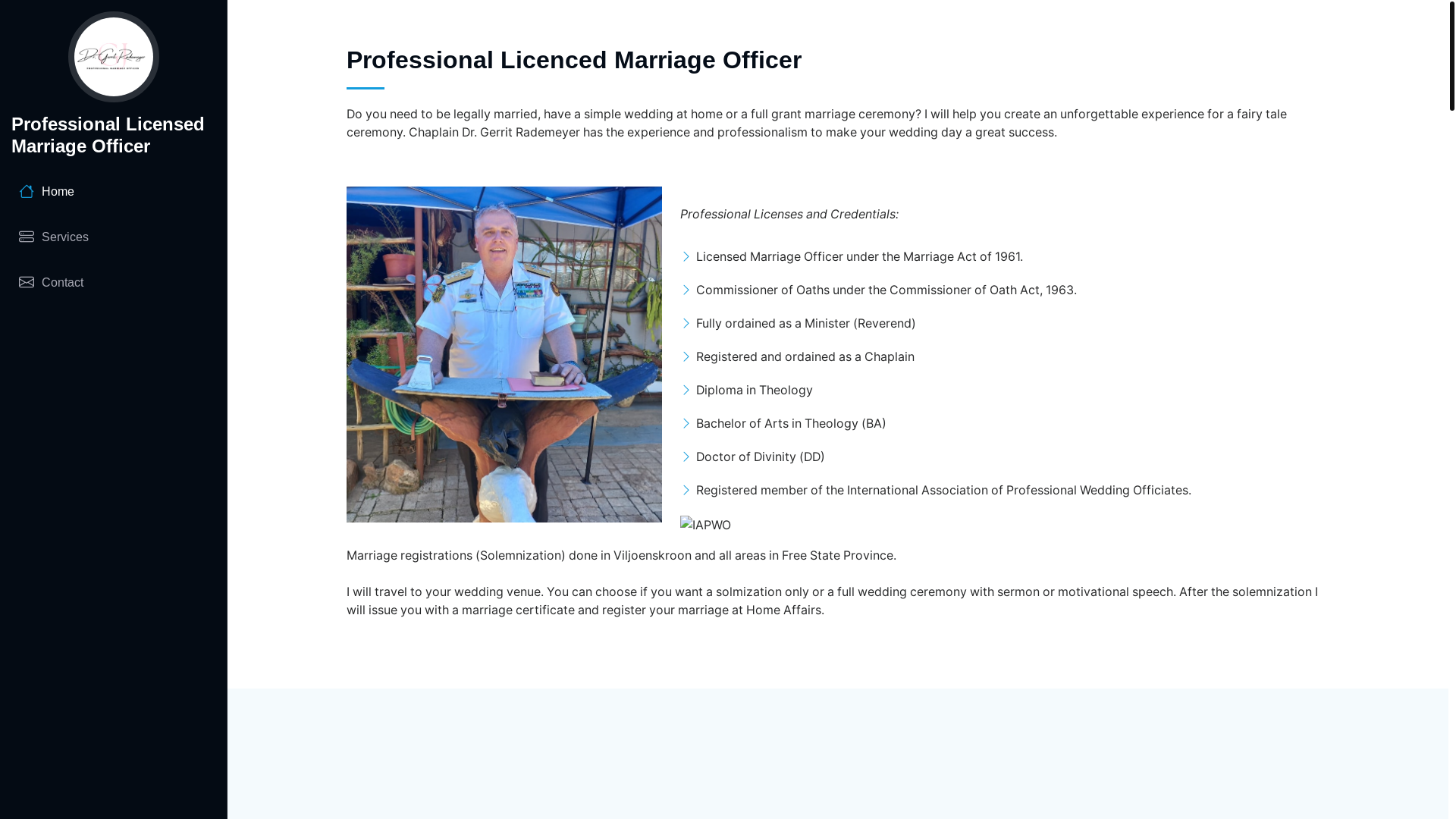 website screenshot of https://marriageofficerinviljoenskroon.co.za/