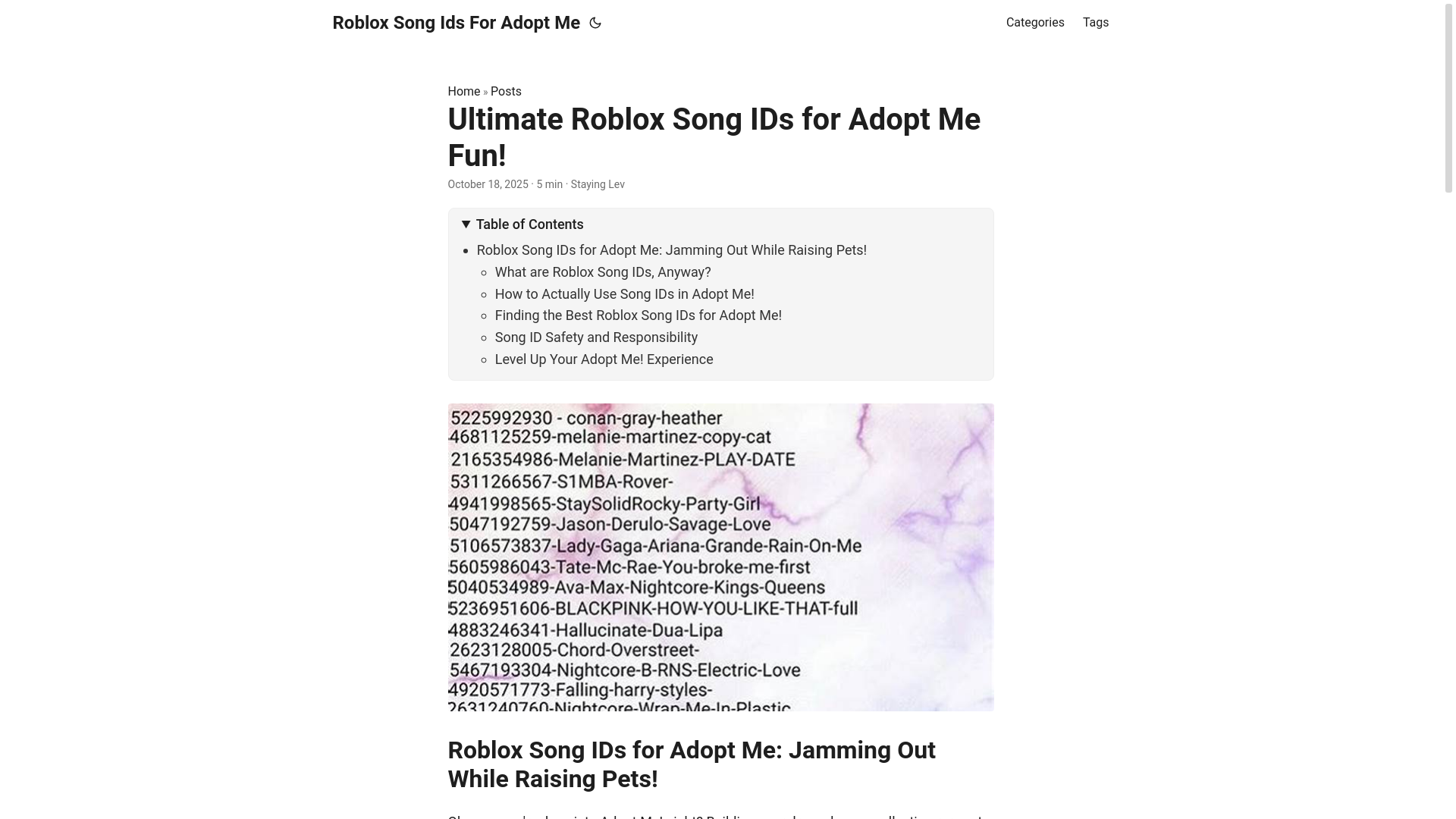 website screenshot of https://roblox-song-ids-for-adopt-me.pages.dev/