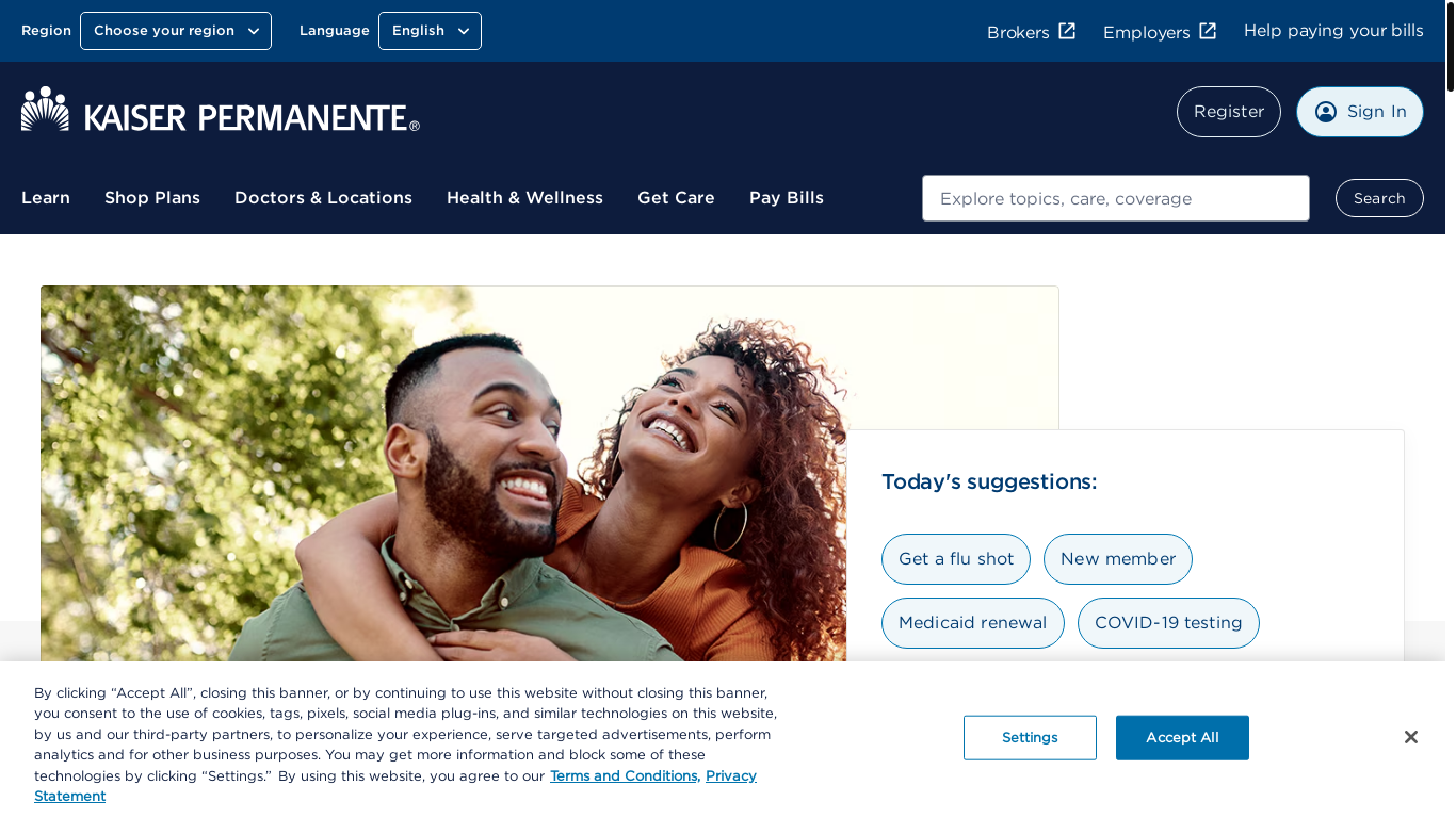 website screenshot of https://kp.org/