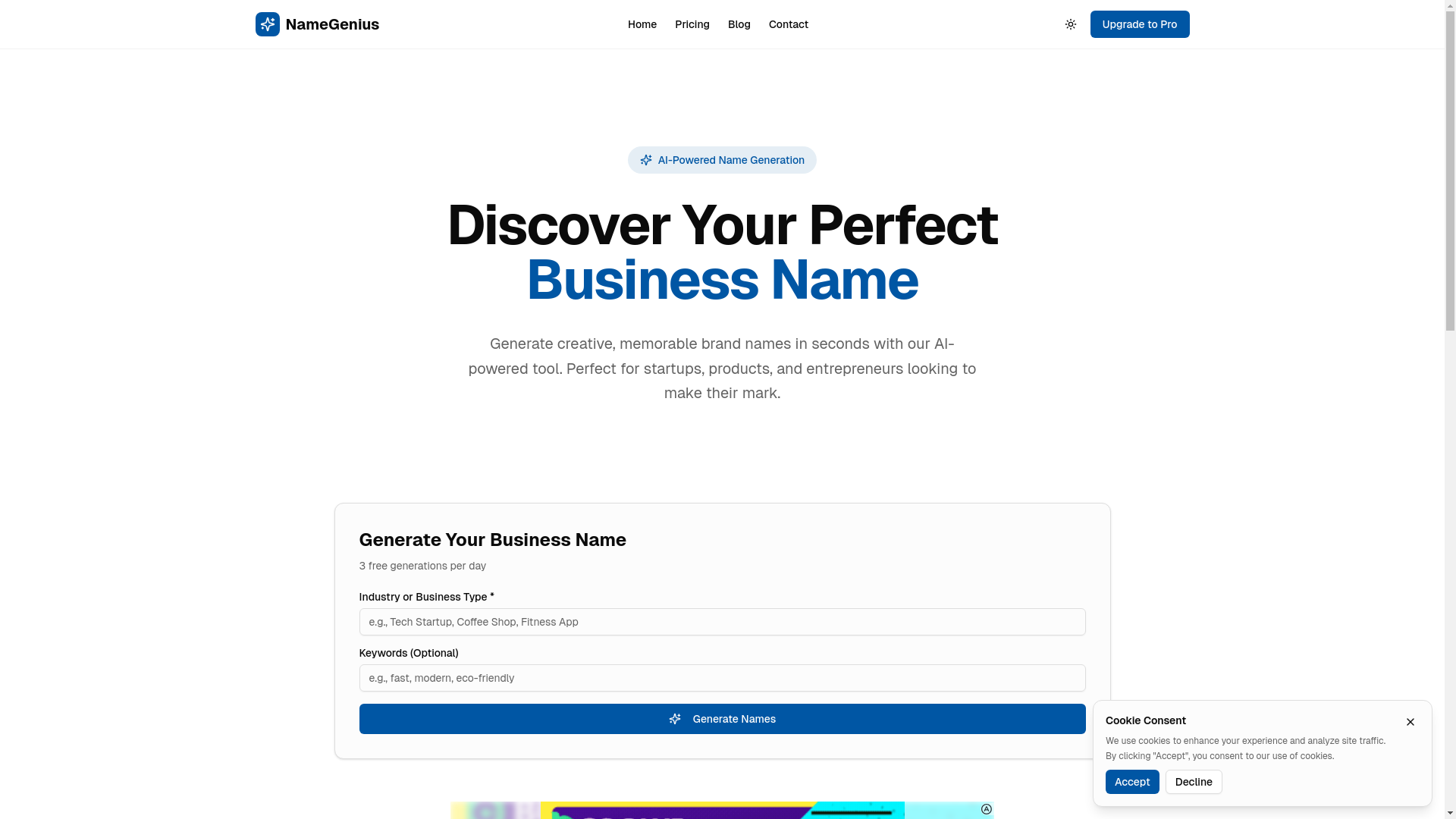website screenshot of https://namegeniusapp.xyz/