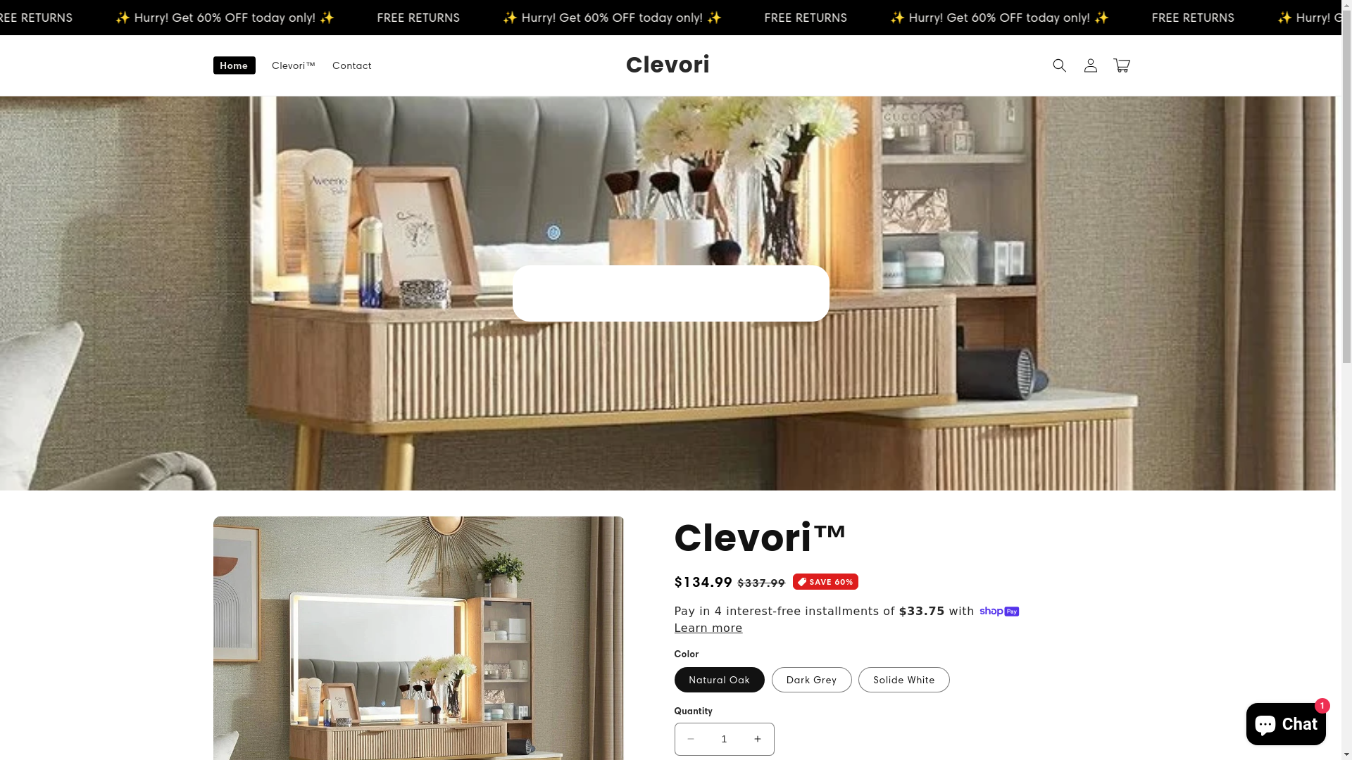 website screenshot of https://clevori.shop/