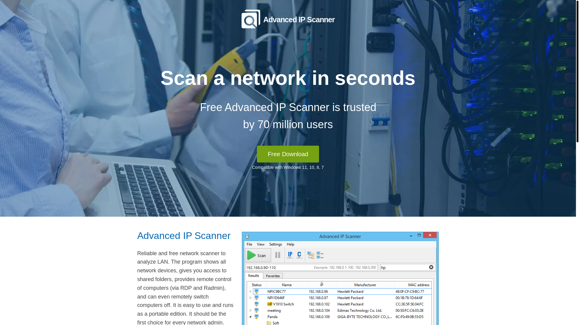 website screenshot of https://www.advanced-ip-scanner.com/