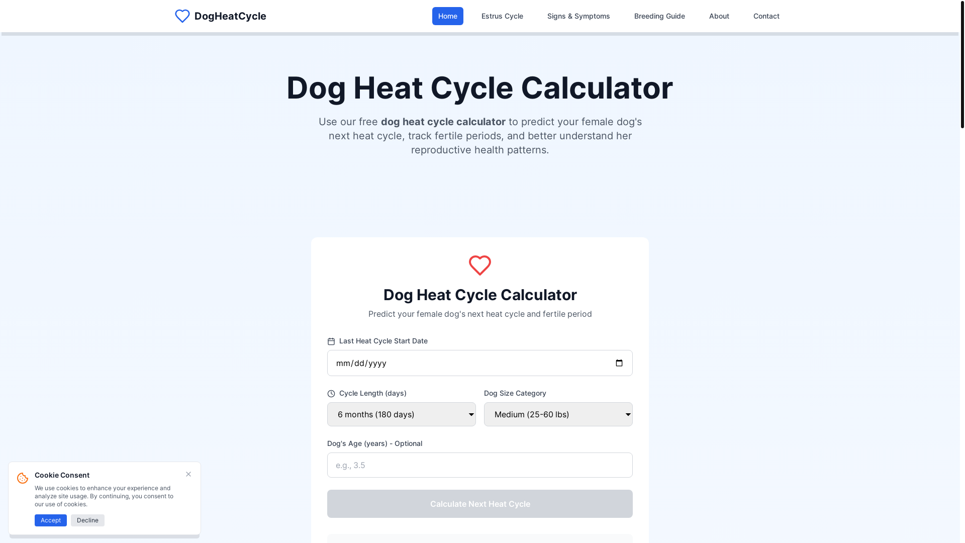 website screenshot of https://dogheatcyclecalculator.pages.dev/