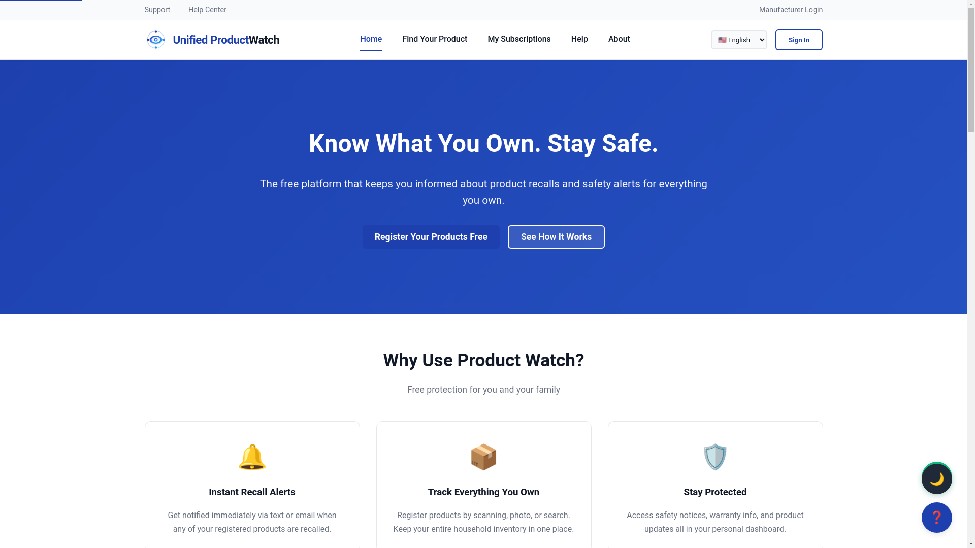 website screenshot of https://unifiedproductwatch.com/