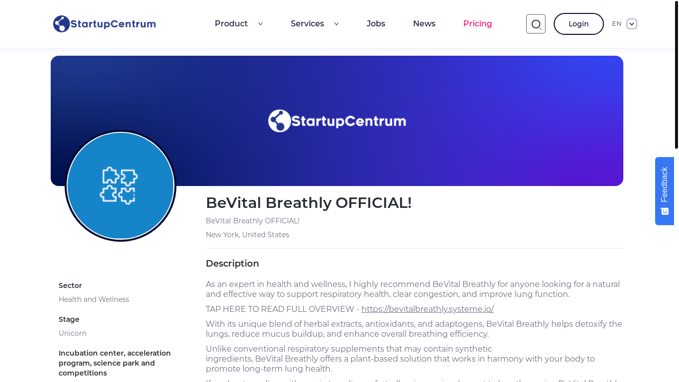 website screenshot of https://startupcentrum.com/startup/bevital-breathly-official