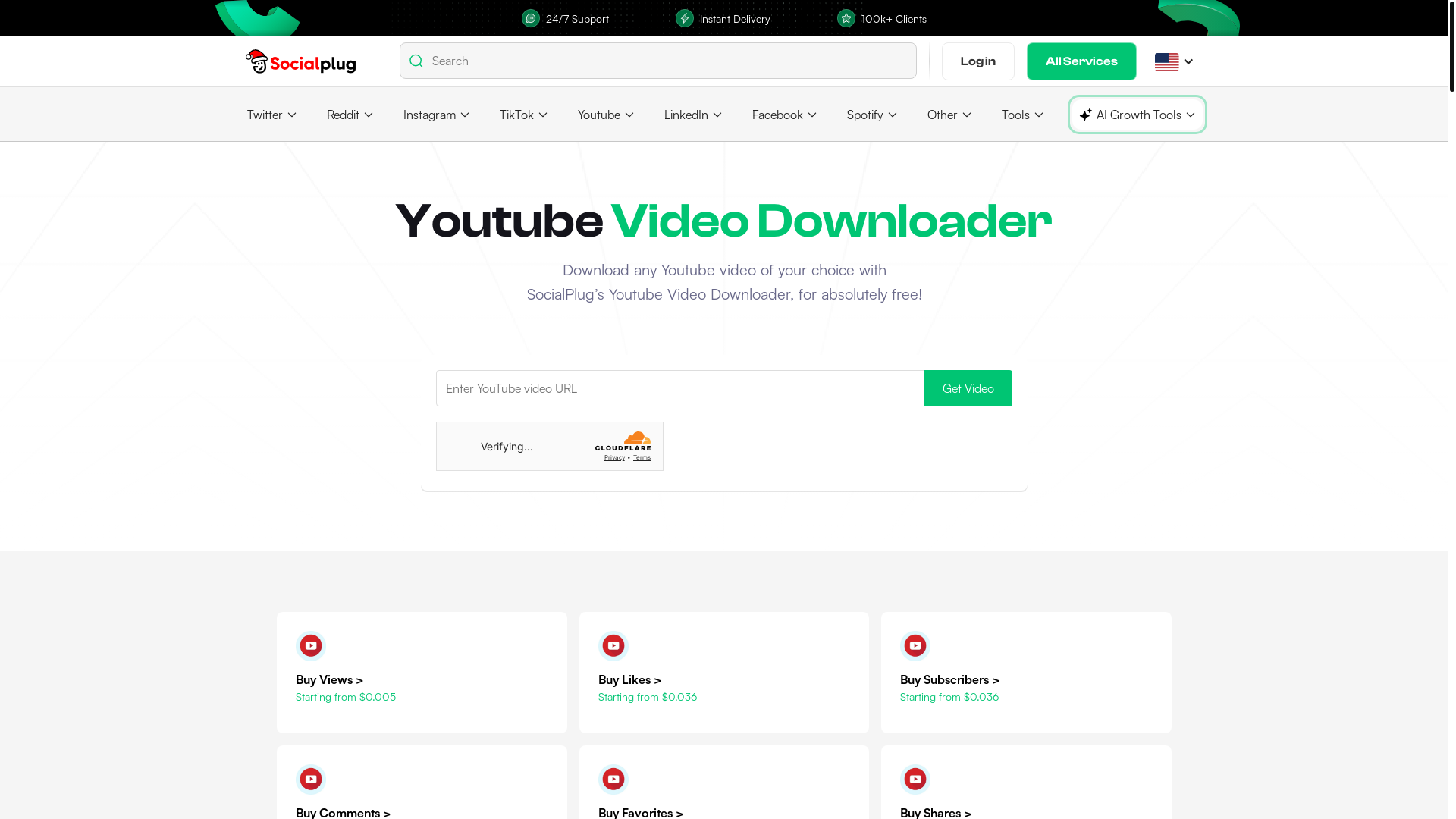 website screenshot of https://www.socialplug.io/free-tools/youtube-video-downloader