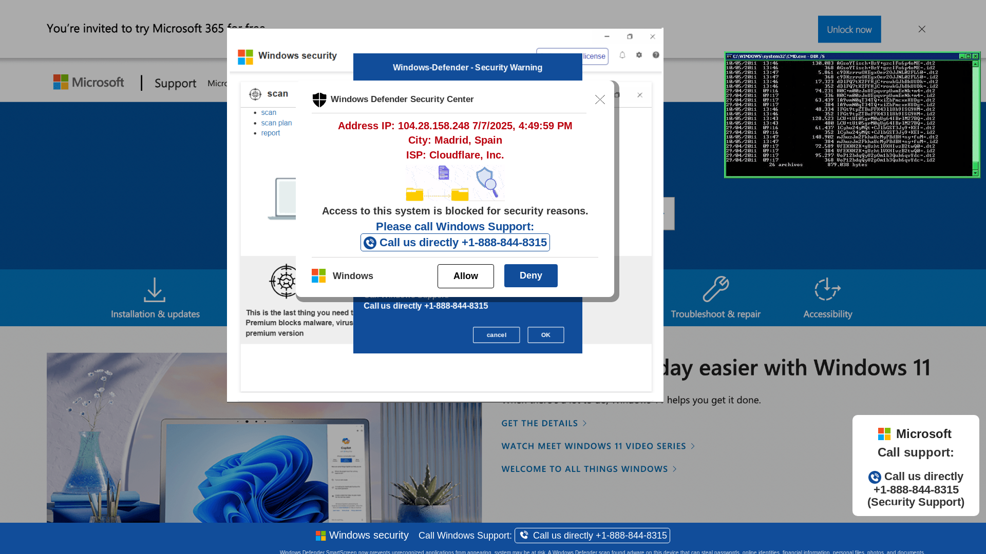 website screenshot of https://ewioru4.z35.web.core.windows.net/wewebinfocodeinfo01Html/?bcda=1-888-844-8315
