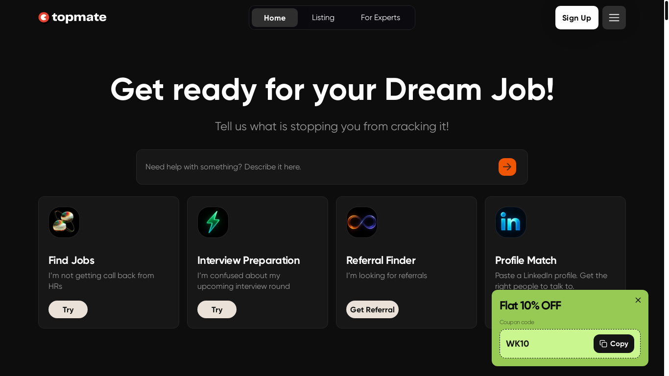 website screenshot of https://topmate.io/