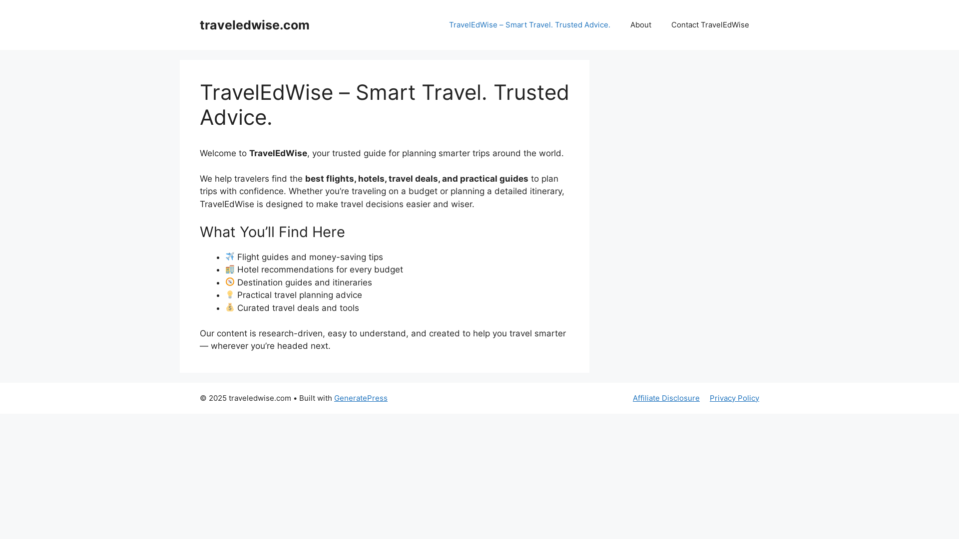 website screenshot of https://traveledwise.com/