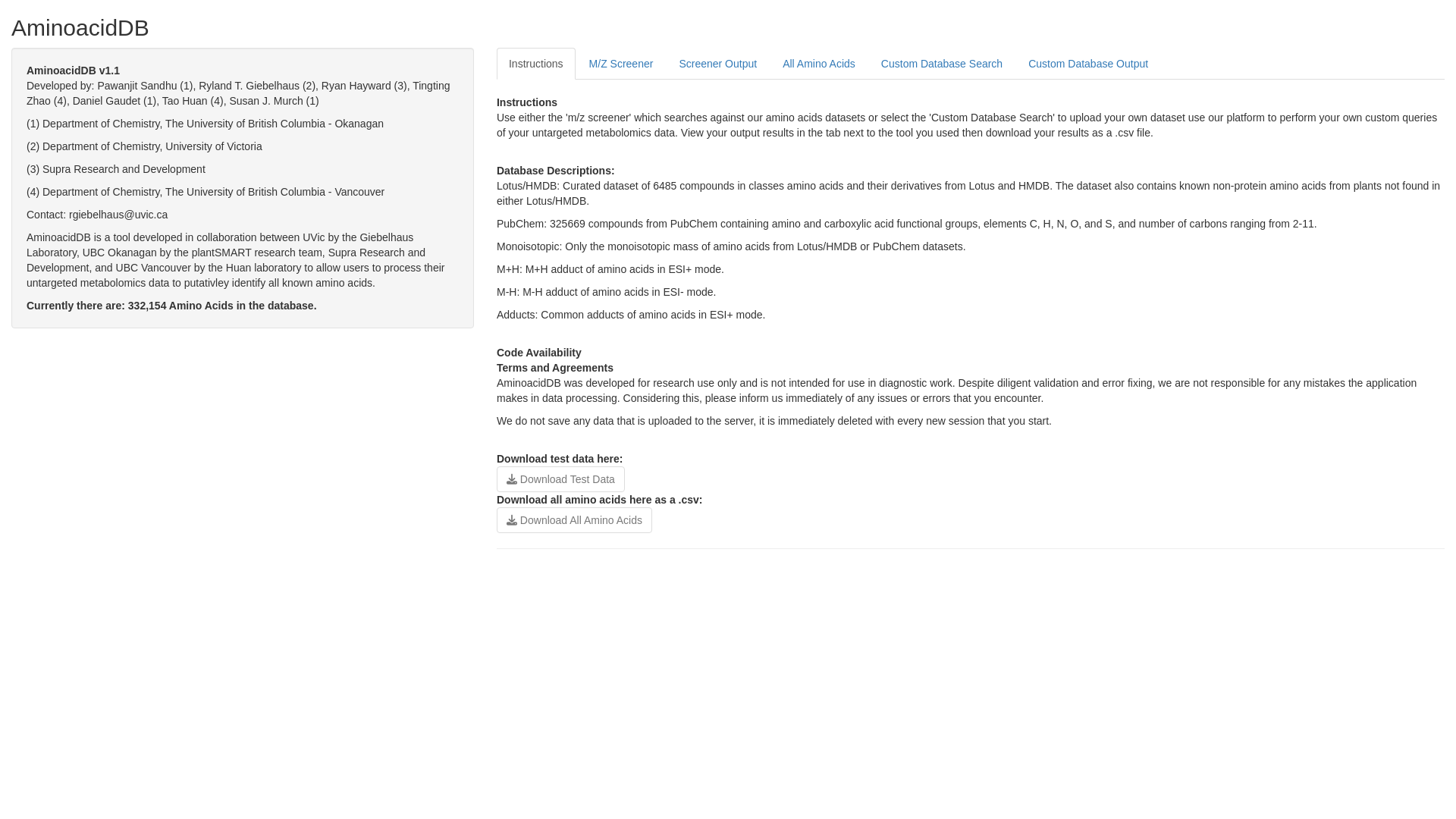 website screenshot of https://aminoaciddb.ca/