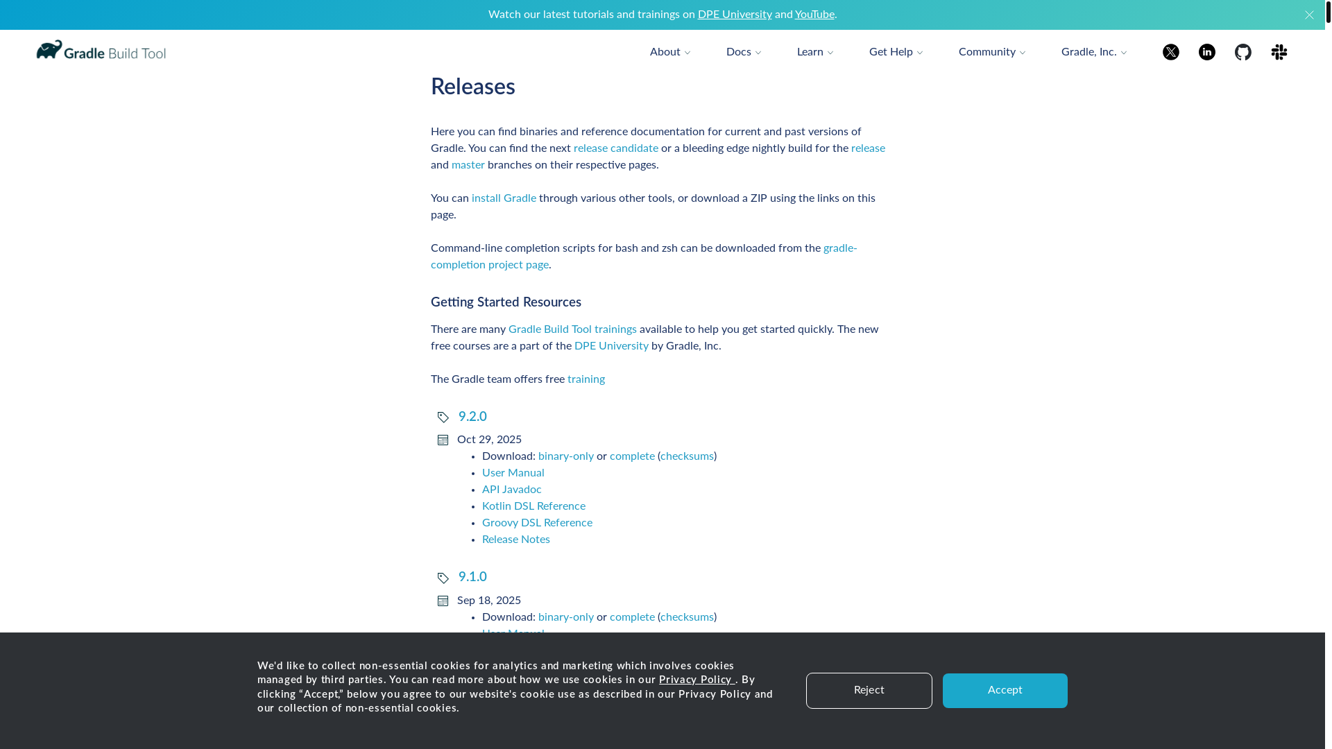website screenshot of https://gradle.org/releases