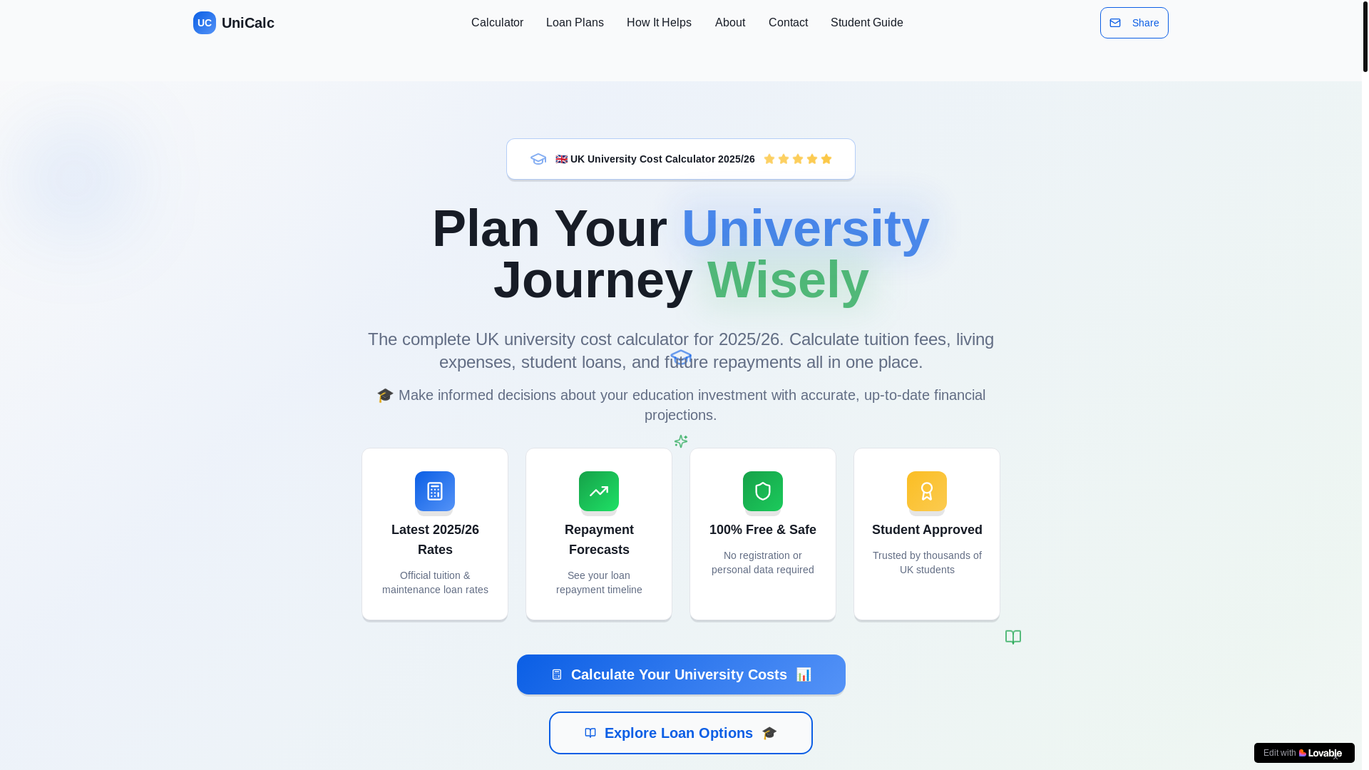 website screenshot of https://unicalc.co.uk/