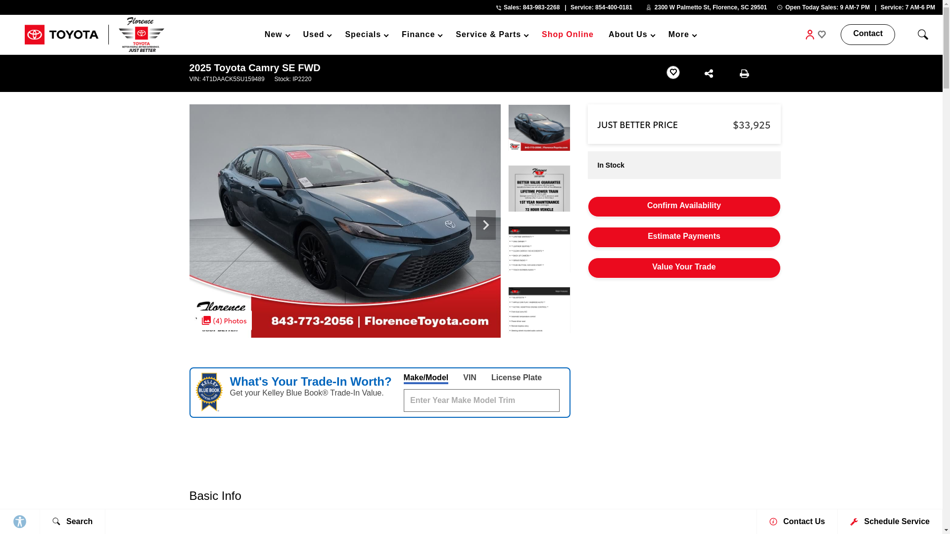 website screenshot of https://www.florencetoyota.com/inventory/used-2025-toyota-camry-se-fwd-4d-sedan-4t1daack5su159489/