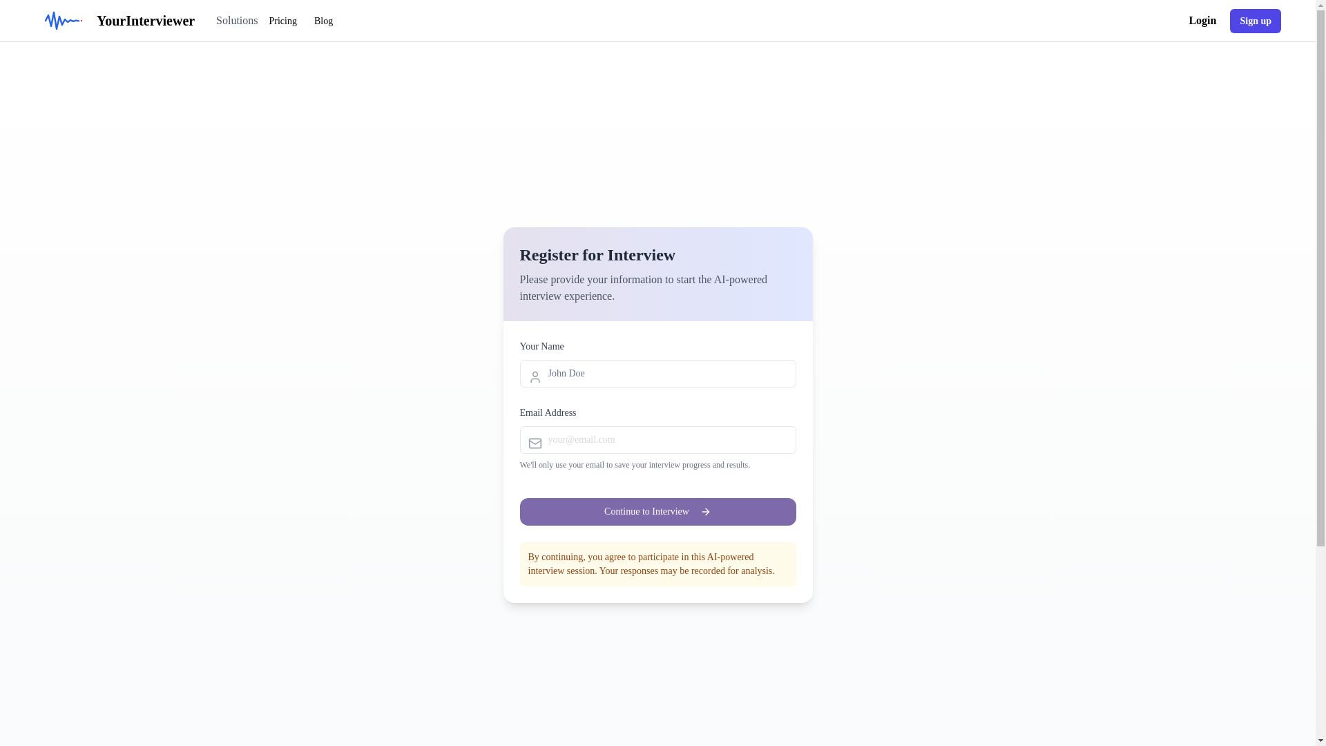 website screenshot of https://www.yourinterviewer.com/interviewlink/registration/a5ba9dd0-db17-4c00-8e71-29b45544da2a