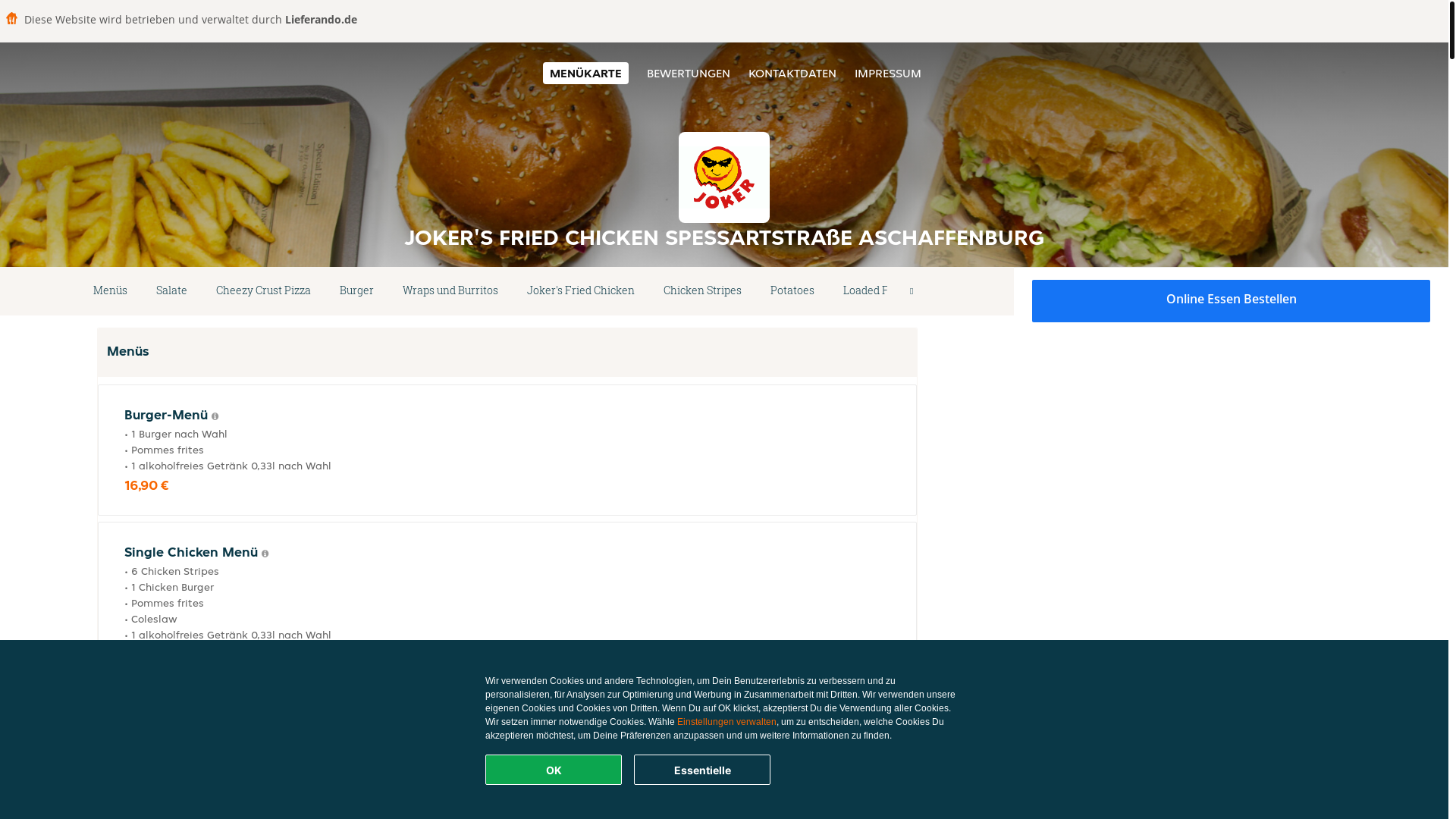 website screenshot of https://jokers-fried-chicken-aschaffenburg.de/