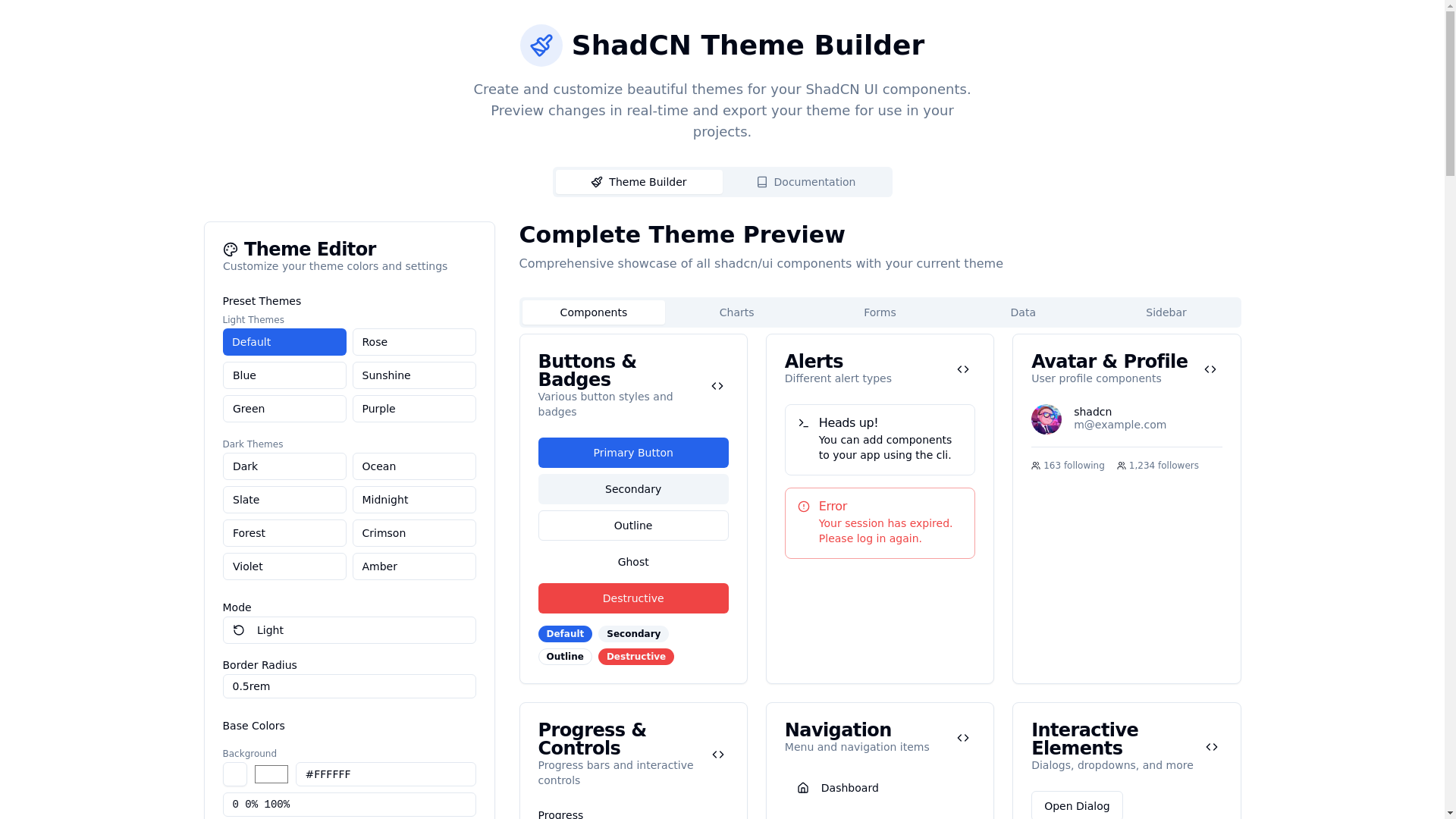 website screenshot of https://shadcn-theme-builder.pages.dev/
