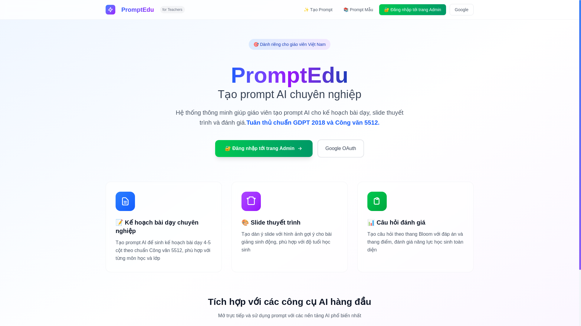 website screenshot of https://promptedu.edu.vn/