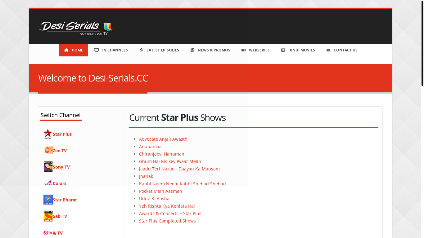 website screenshot of https://www.desi-serials.cc/