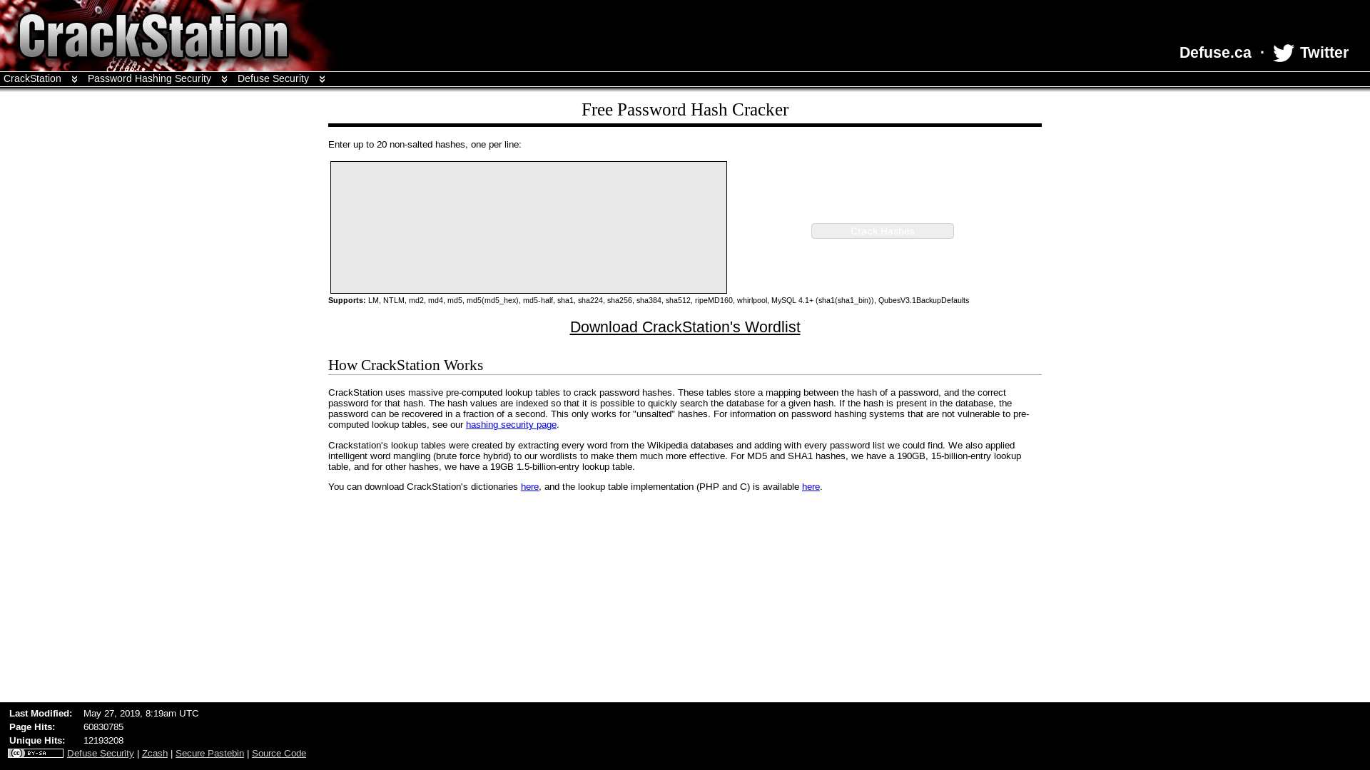 website screenshot of https://crackstation.net/