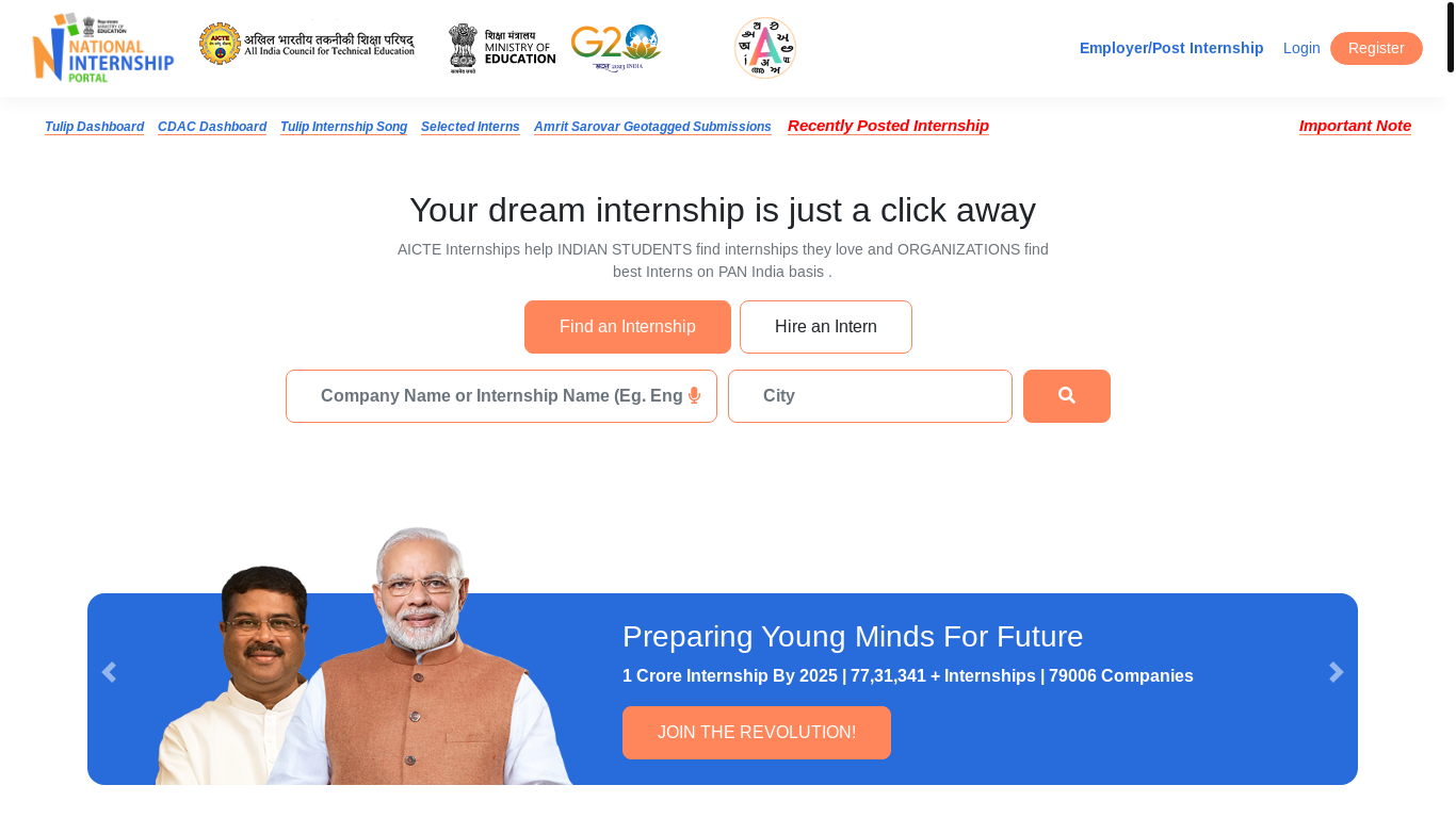 website screenshot of https://internship.aicte-india.org