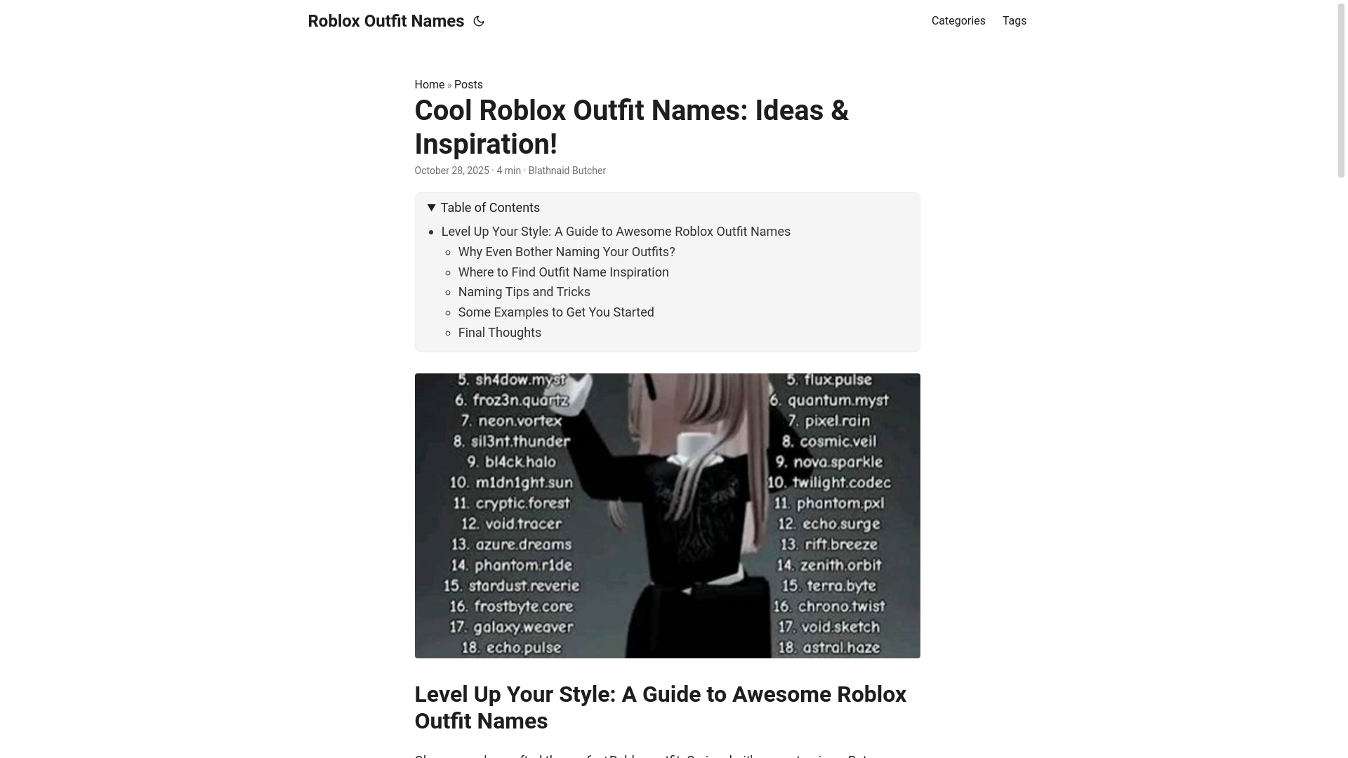 website screenshot of https://roblox-outfit-names.pages.dev/