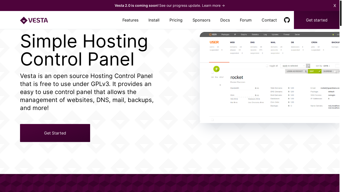 website screenshot of https://vestacp.com/