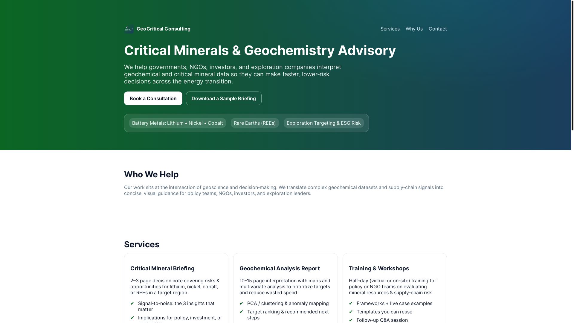 website screenshot of https://geocriticalconsulting.com/