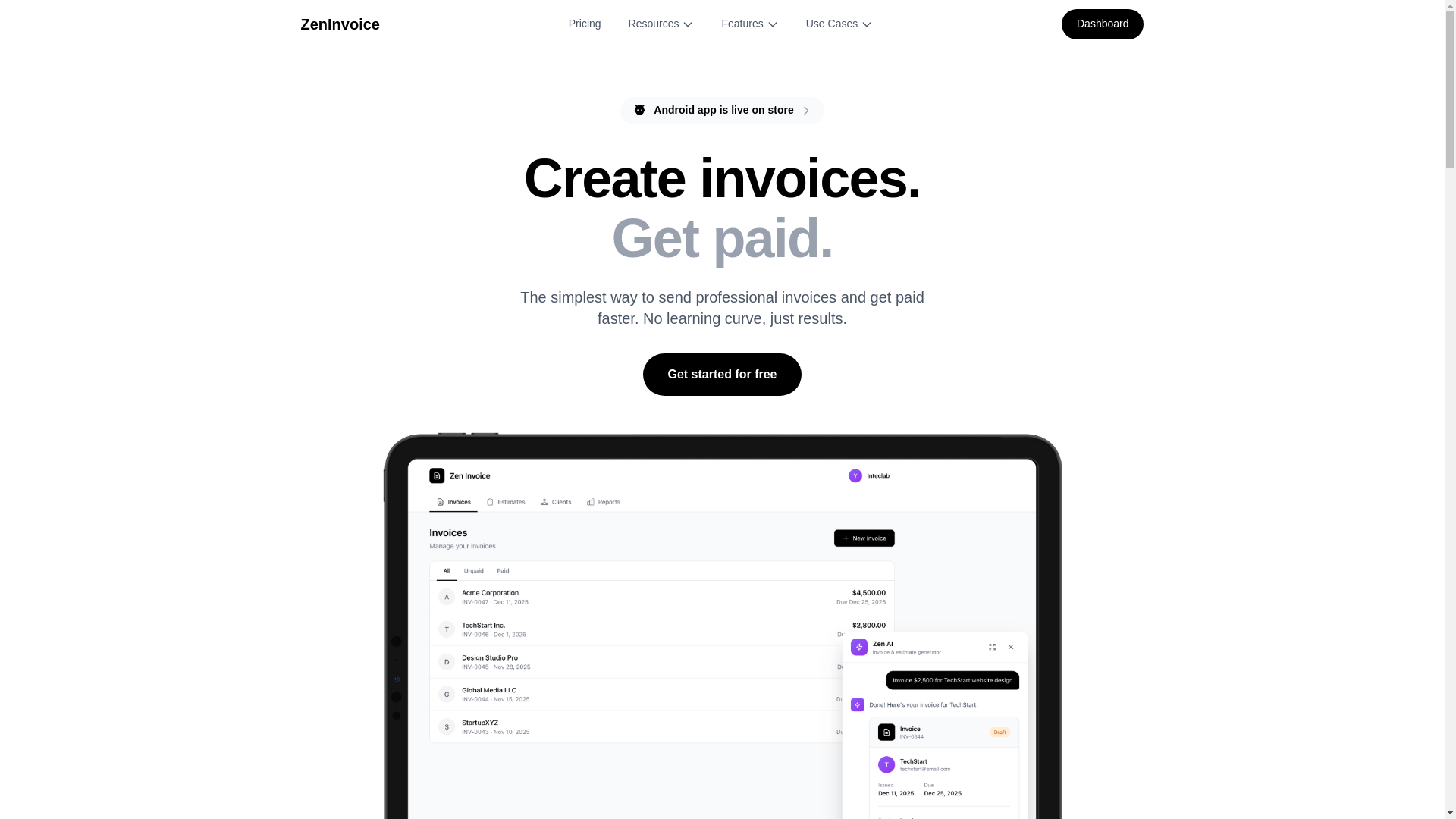 website screenshot of https://zeninvoice.io/