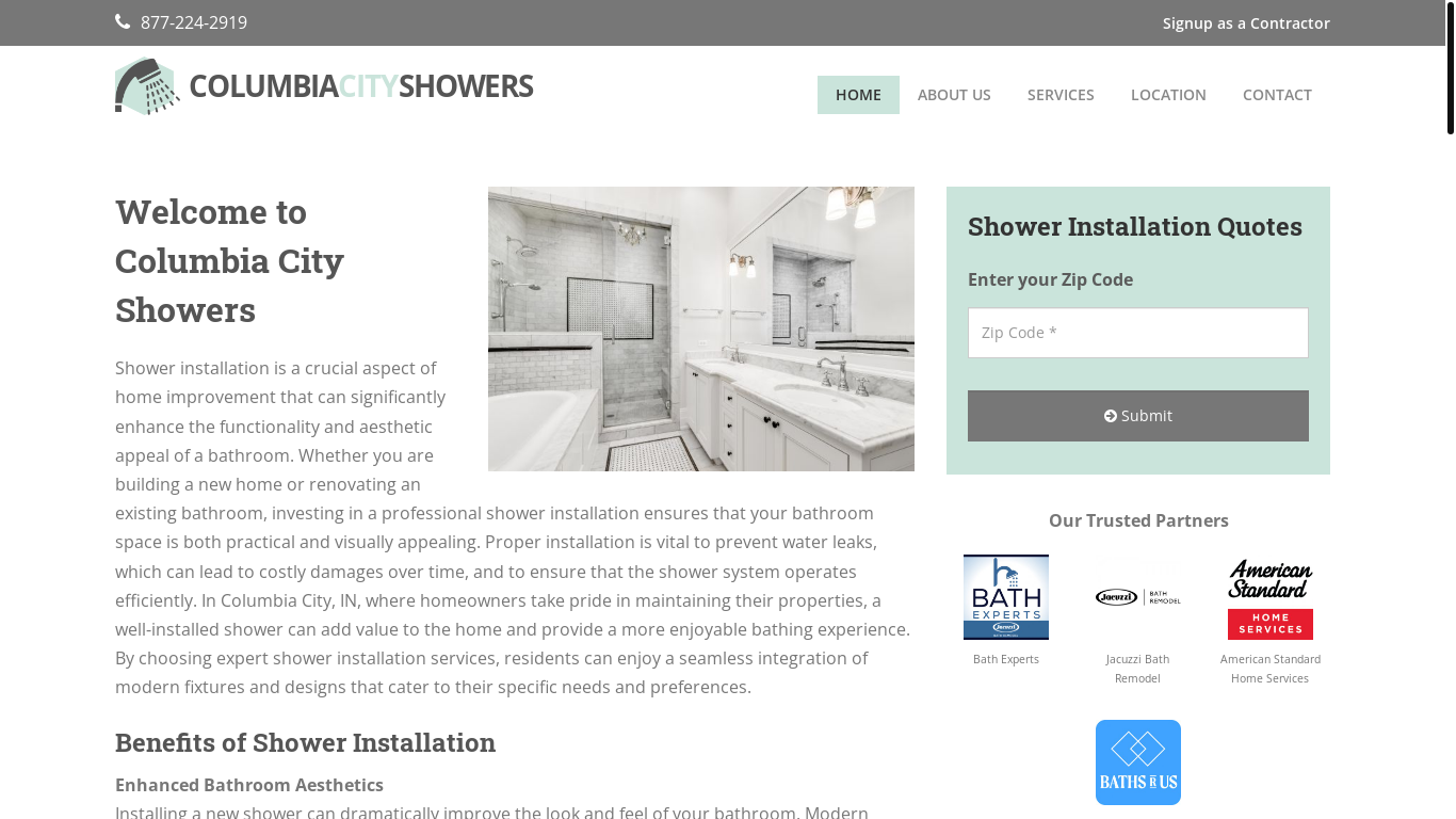 website screenshot of https://columbiacityshowers.com/