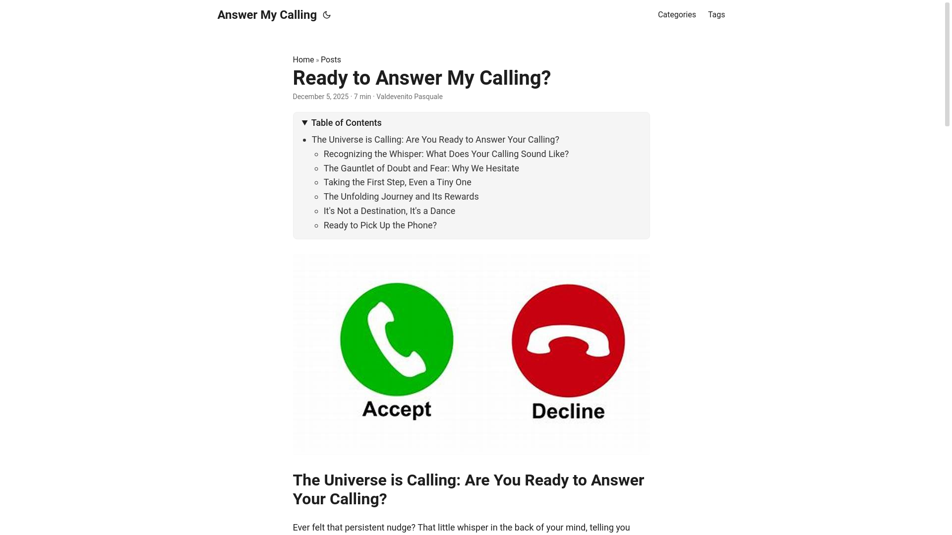 website screenshot of https://answermycalling.pages.dev/