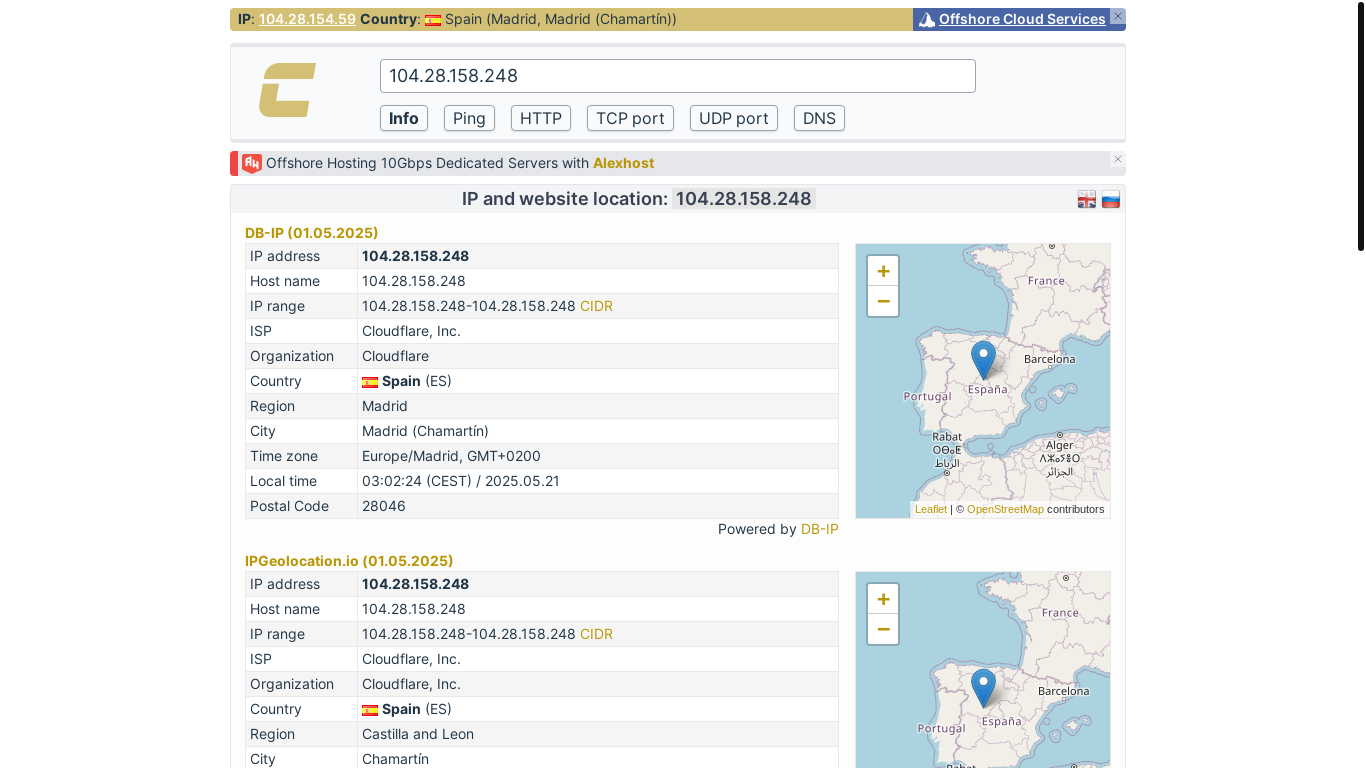 website screenshot of https://check-host.net/ip-info?host=104.28.158.248