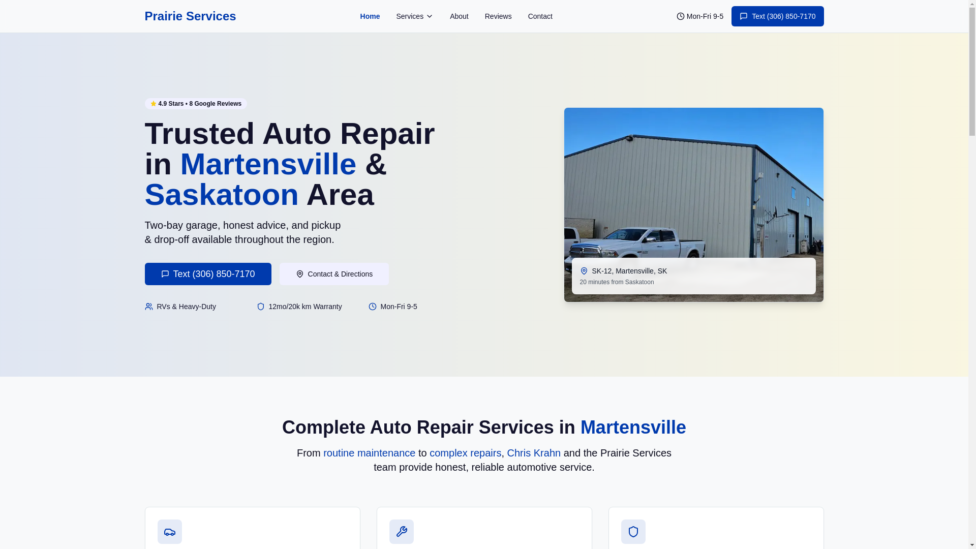 website screenshot of https://prairieservices.ca/