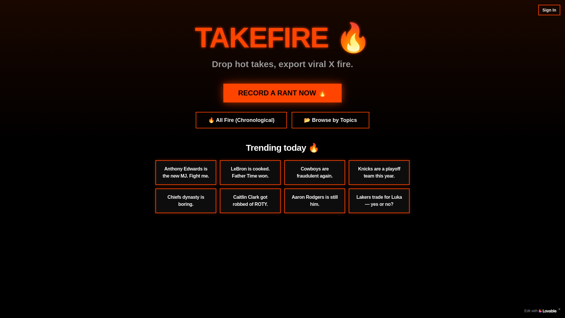 website screenshot of https://takefire.app/
