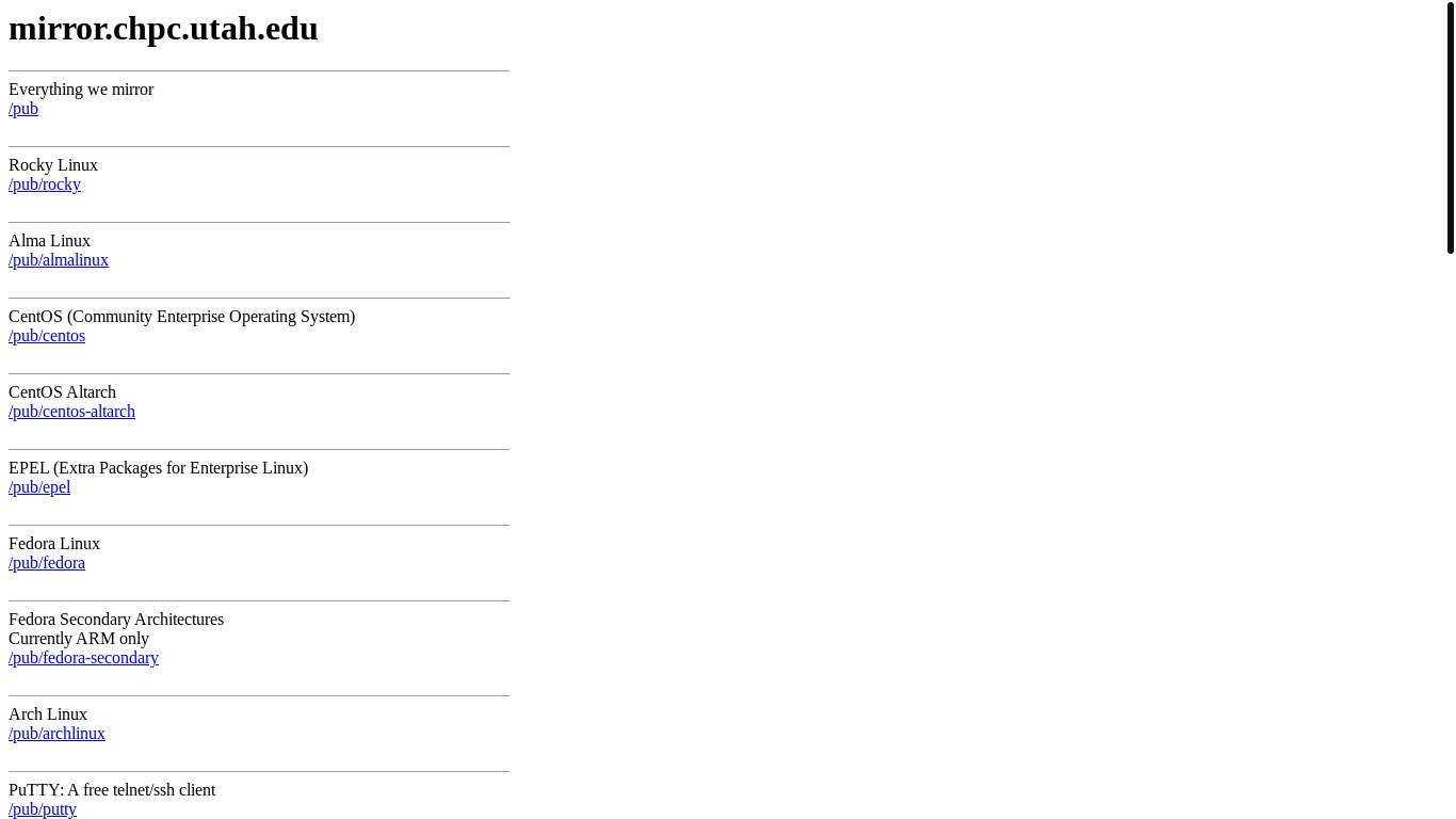 website screenshot of https://mirror.chpc.utah.edu/