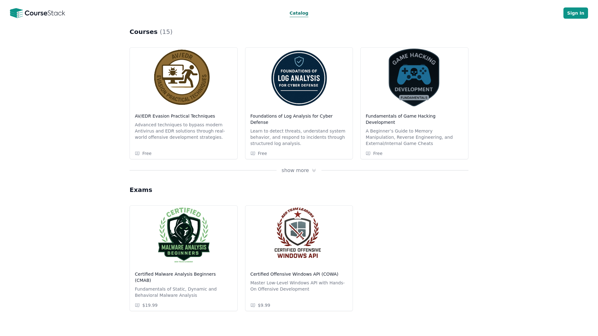 website screenshot of https://redteamleaders.coursestack.com/catalog