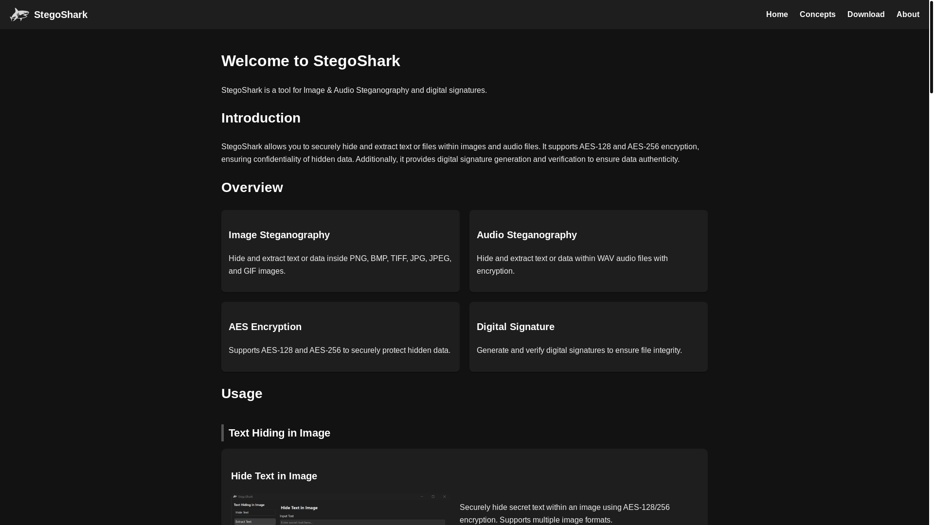 website screenshot of https://stegoshark.org/