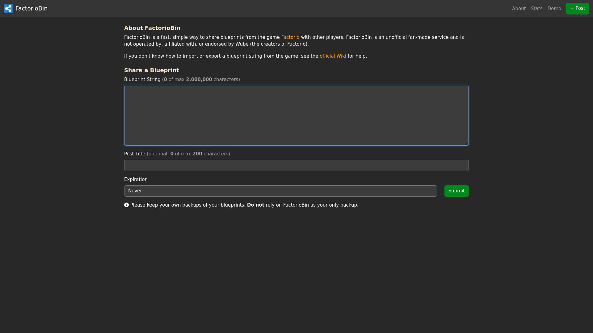website screenshot of https://factoriobin-webapp.pages.dev/