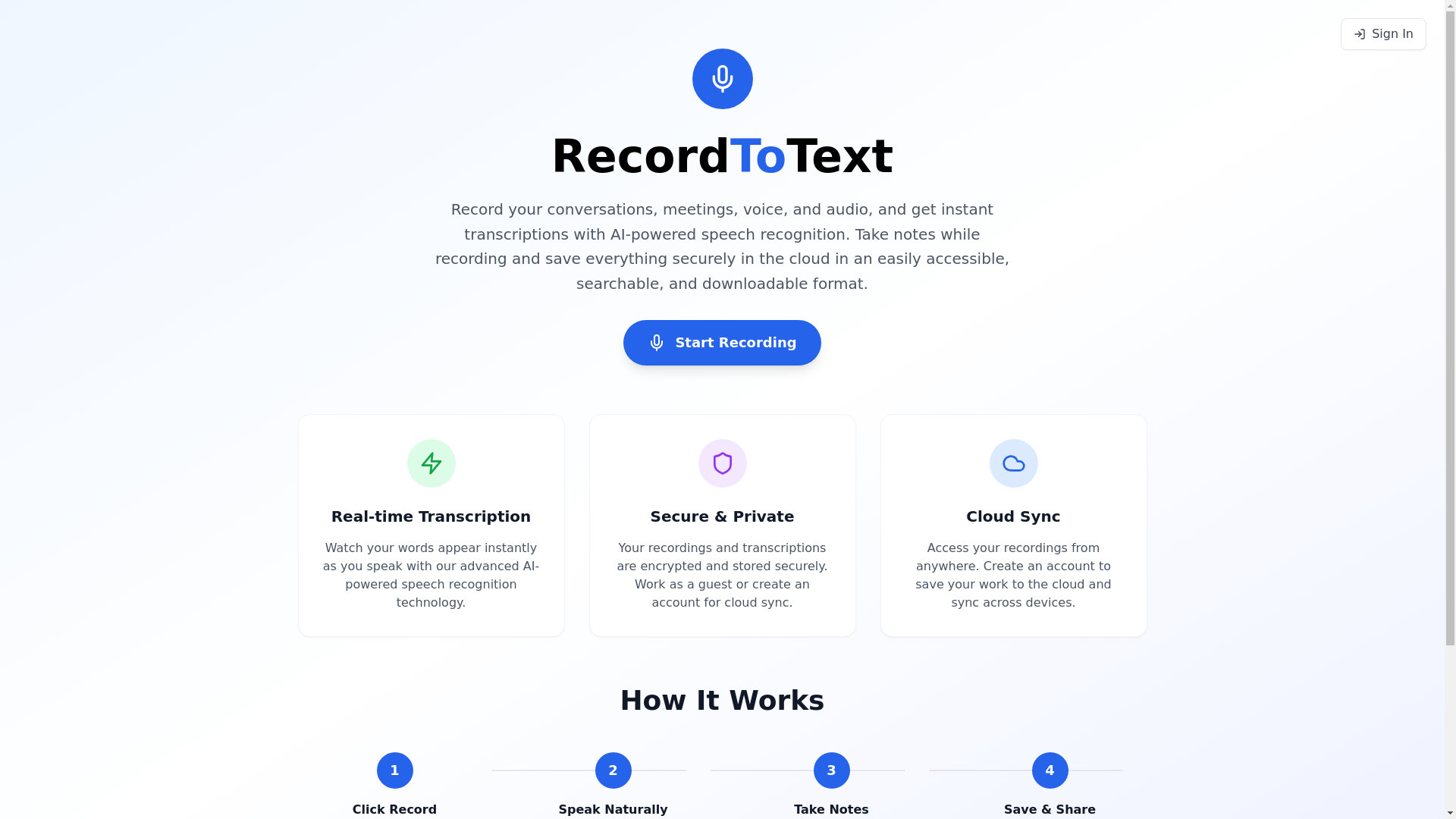 website screenshot of https://recordtotext.com/