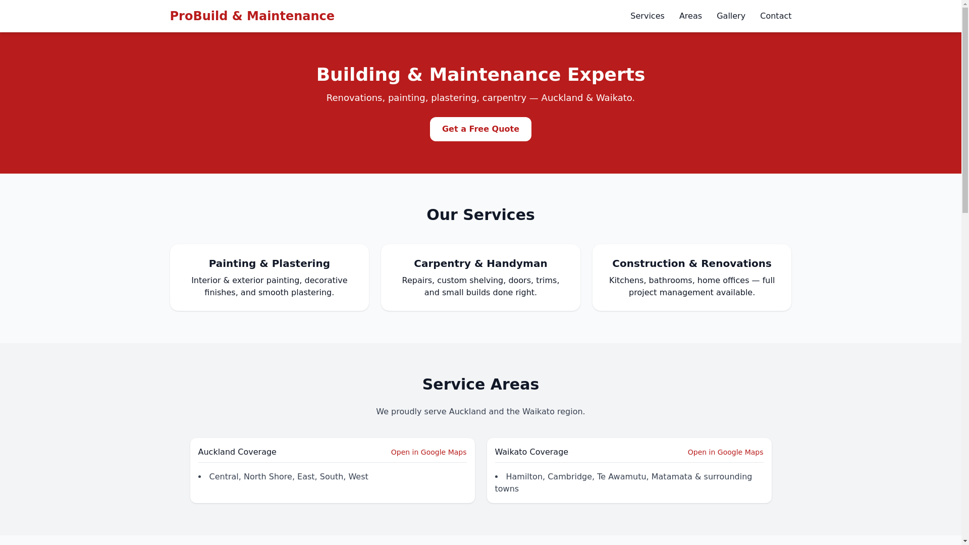 website screenshot of https://probuildandmaintenance.com/