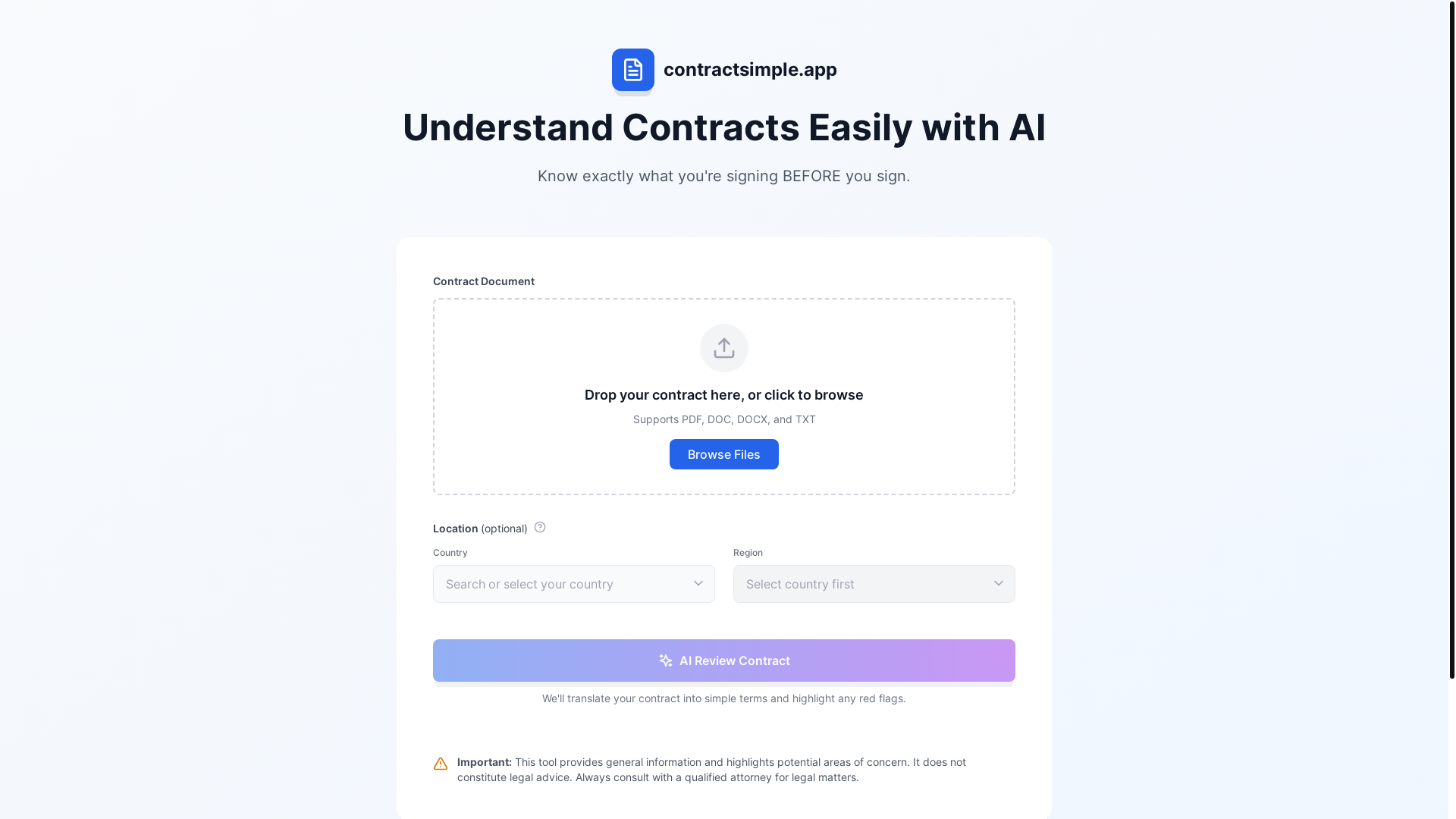 website screenshot of https://contractsimple.app/