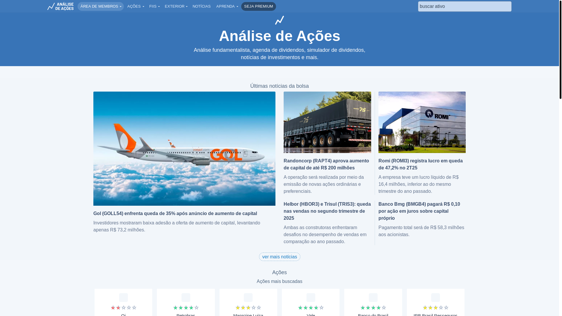 website screenshot of https://analisedeacoes.pages.dev/