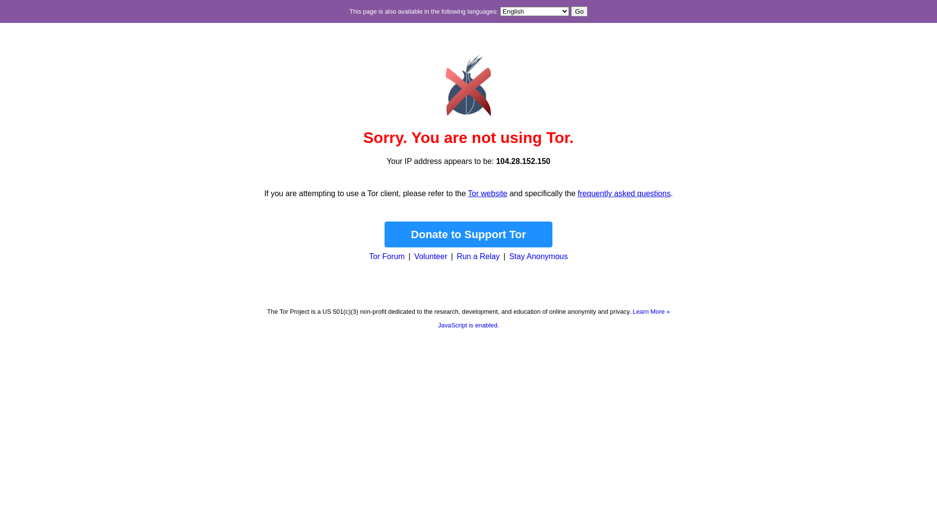 website screenshot of https://check.torproject.org/