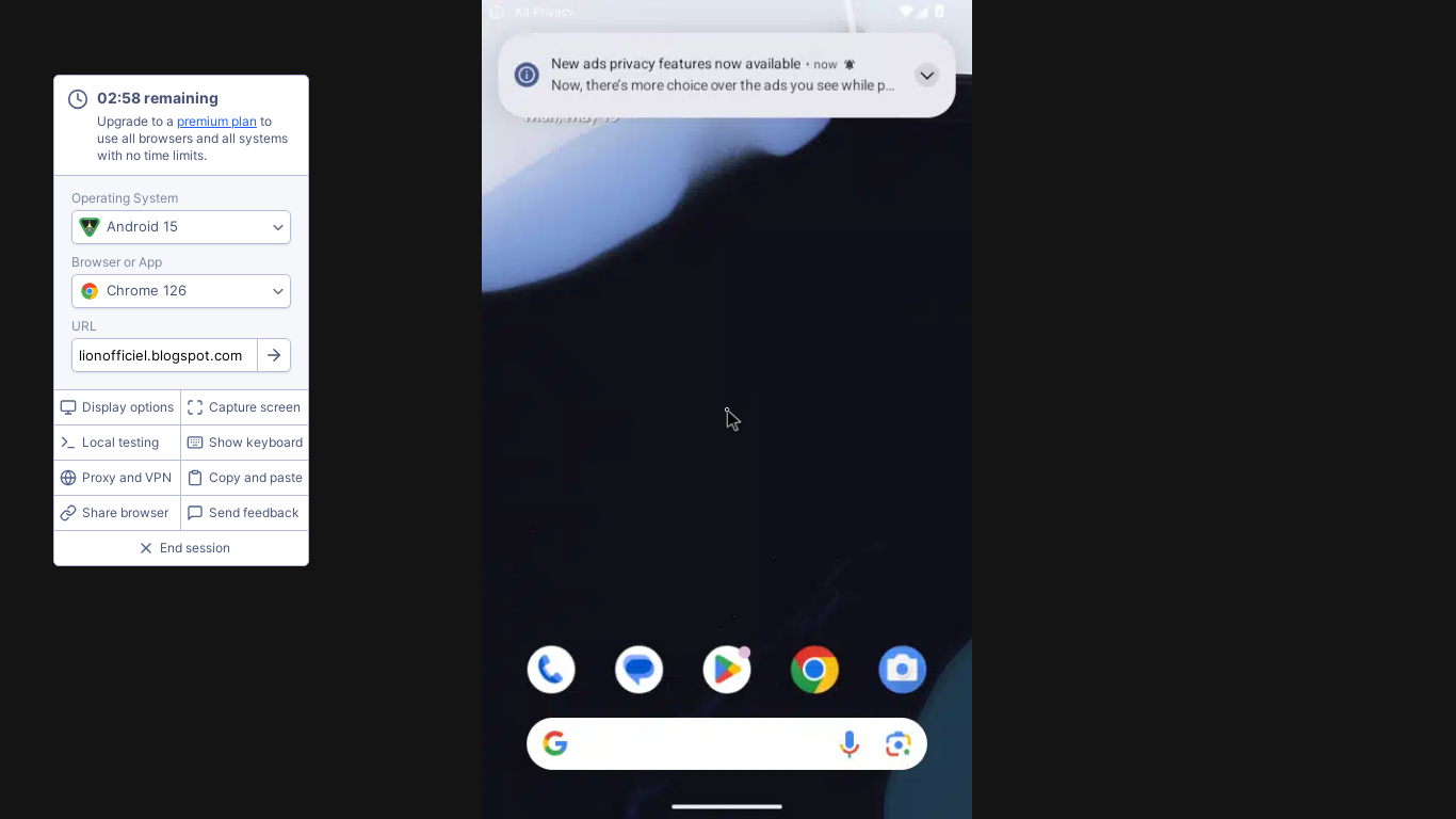 website screenshot of https://browserling.com/browse/android15/chrome126/lionofficiel.blogspot.com