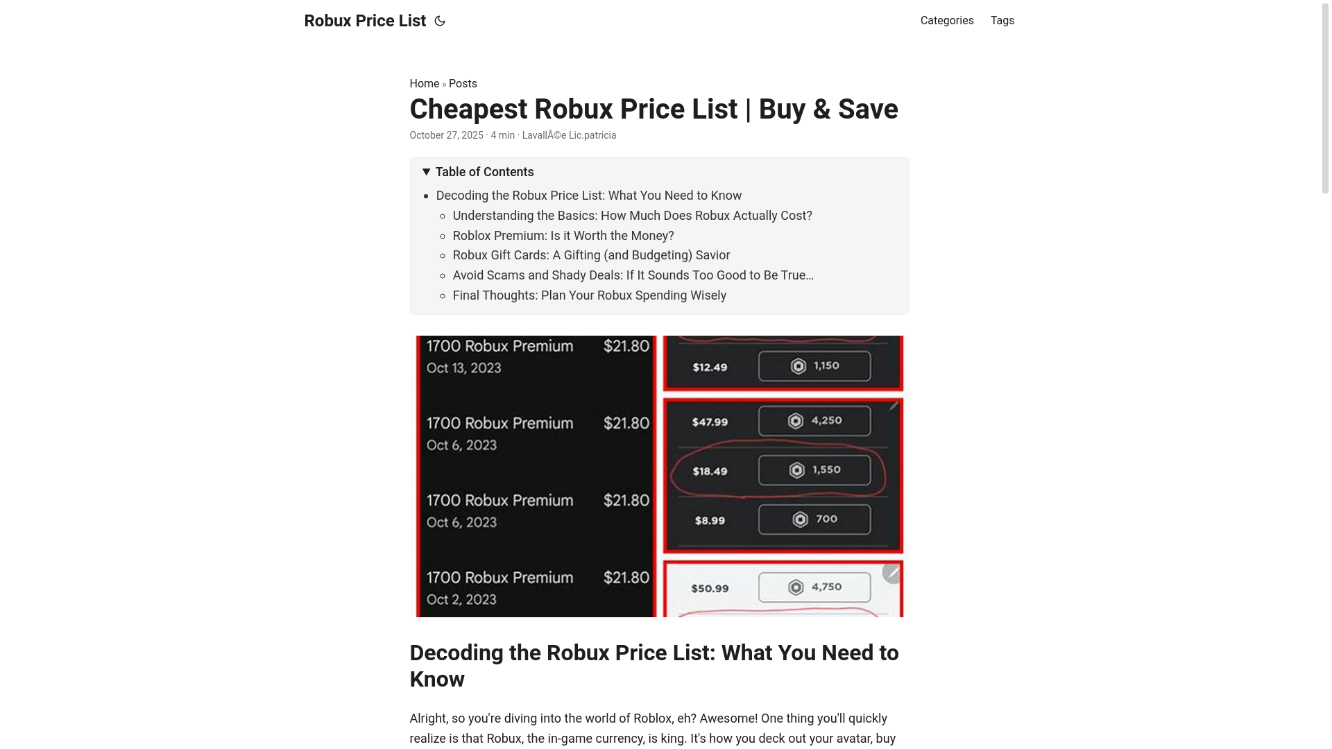 website screenshot of https://robux-price-list.pages.dev/