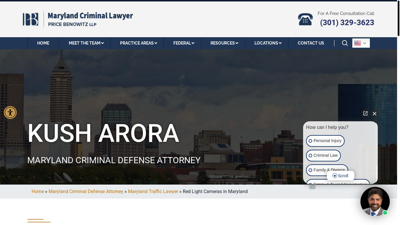 website screenshot of https://maryland-criminallawyer.com/maryland-traffic-lawyer/red-light-cameras/