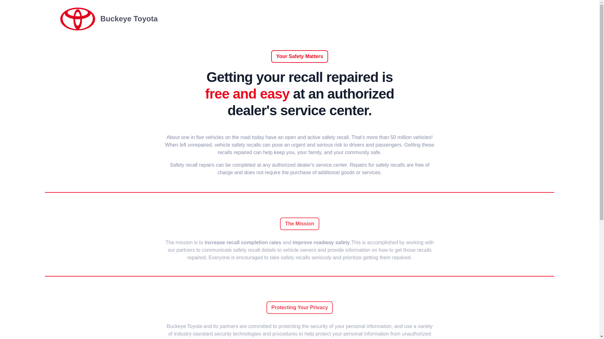 website screenshot of https://buckeyetoyotarecalls.com/