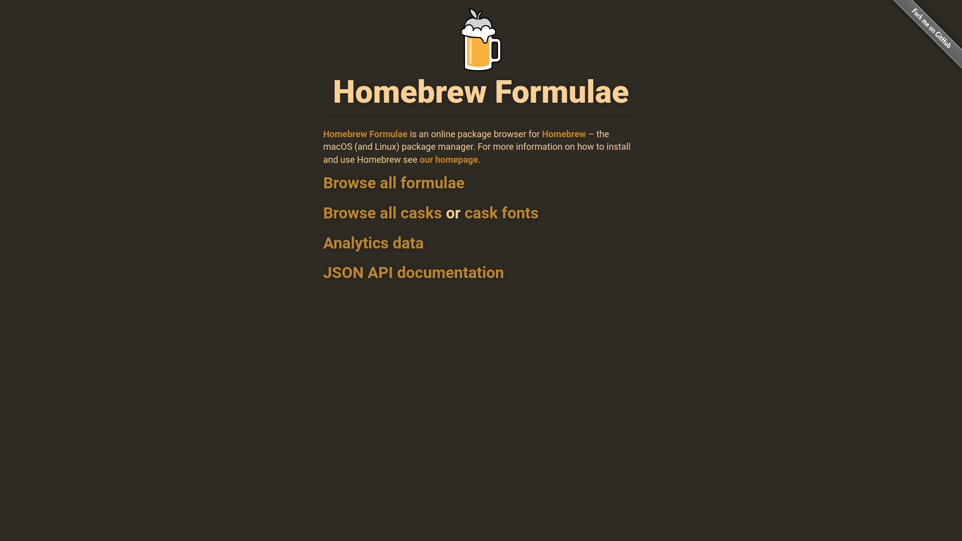website screenshot of https://formulae.brew.sh